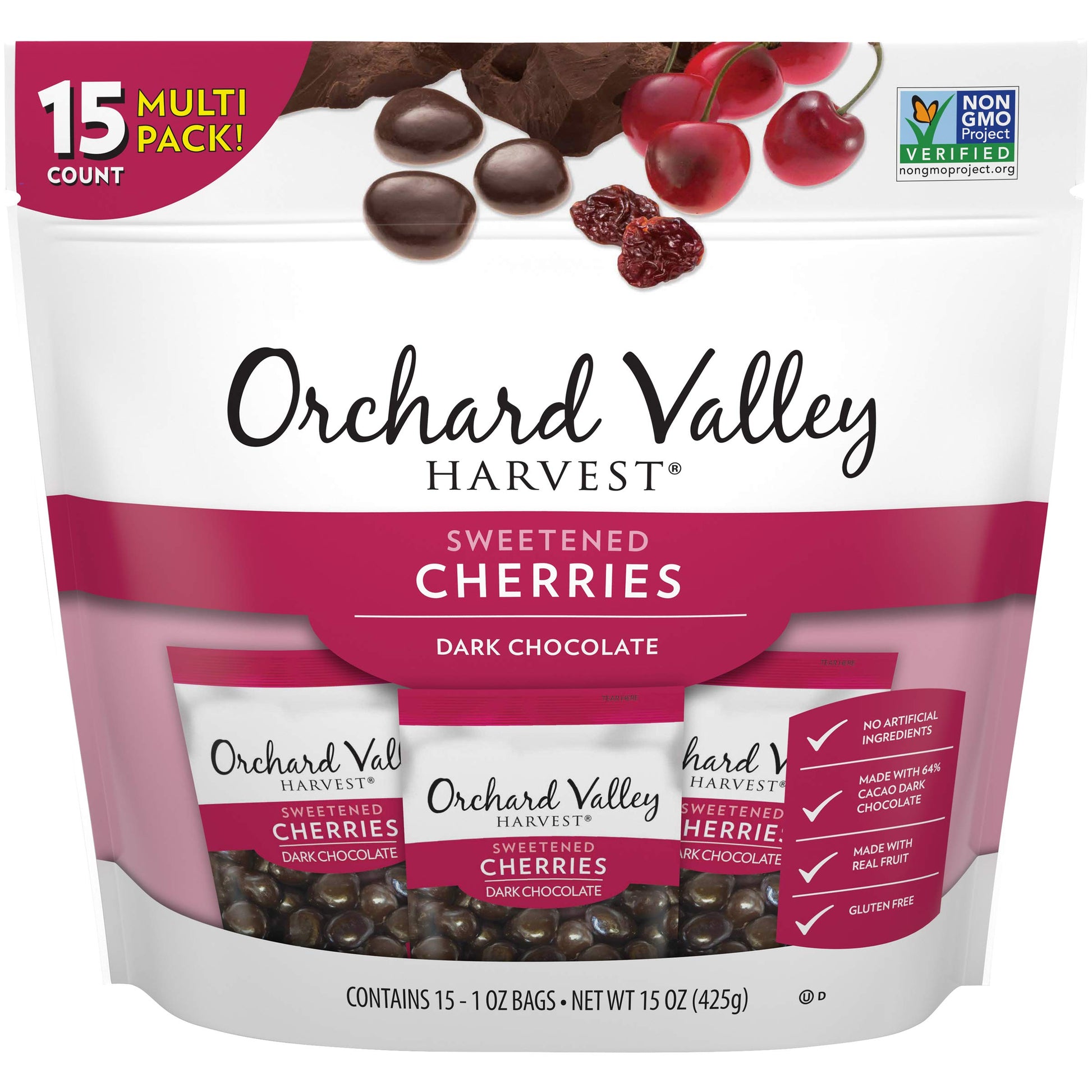 Orchard Valley Harvest Dark Chocolate Covered Cherries, 1 Ounce Bags (Pack Of 15), Gluten Free, Non-Gmo, No Artificial Ingredien