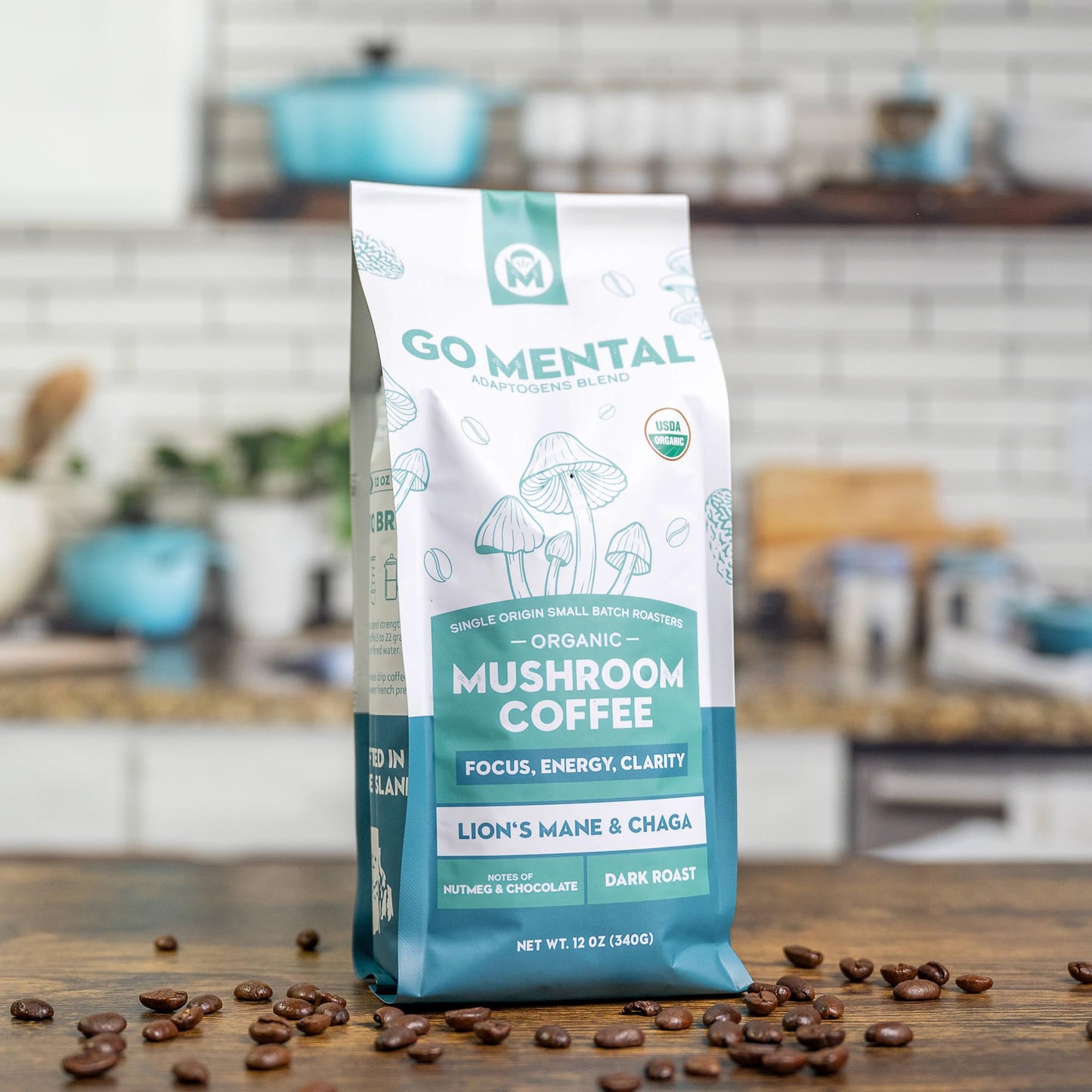 Organic Lion'S Mane & Chaga Mushroom Coffee Dark Roast, Full Fruiting Bodies, For Enhanced Brain Function, Immune Support, Wellb