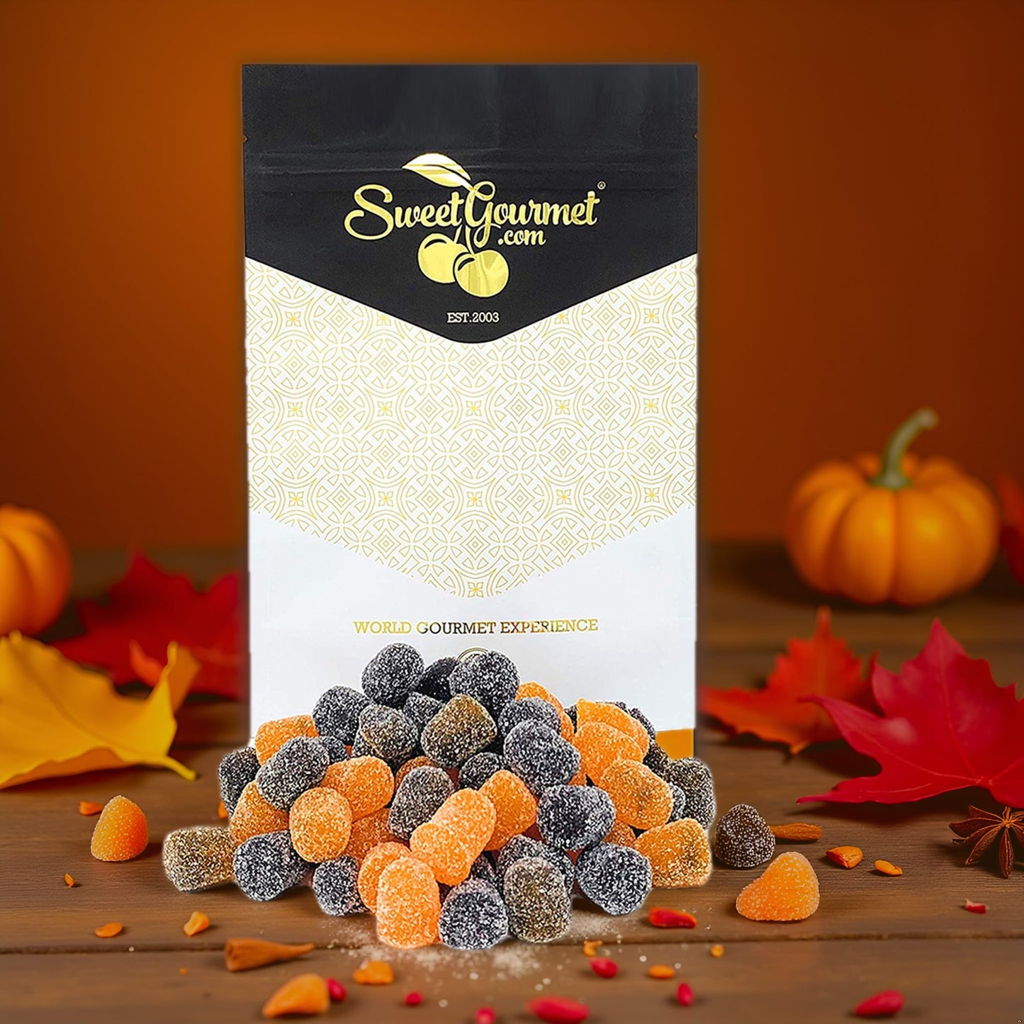 SweetGourmet Fall Flavors Spice Drops, Black and Orange Sugared Jelly Gumdrops Candy, 2-Pound Bag
