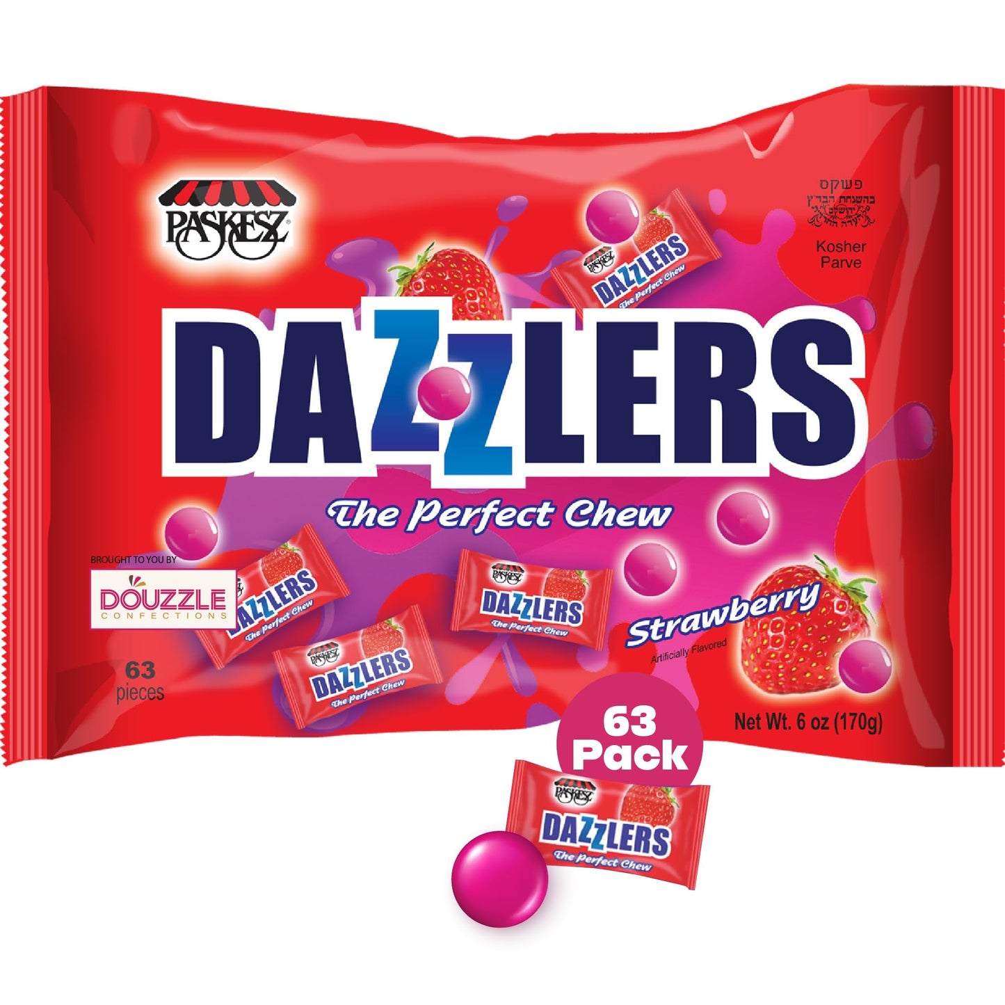 DOUzzle Dazzlers Strawberry Chews, The Perfect Chew Candy (63 Count, Pack of 1) Individually Wrapped Candies, Birthday Party Fav