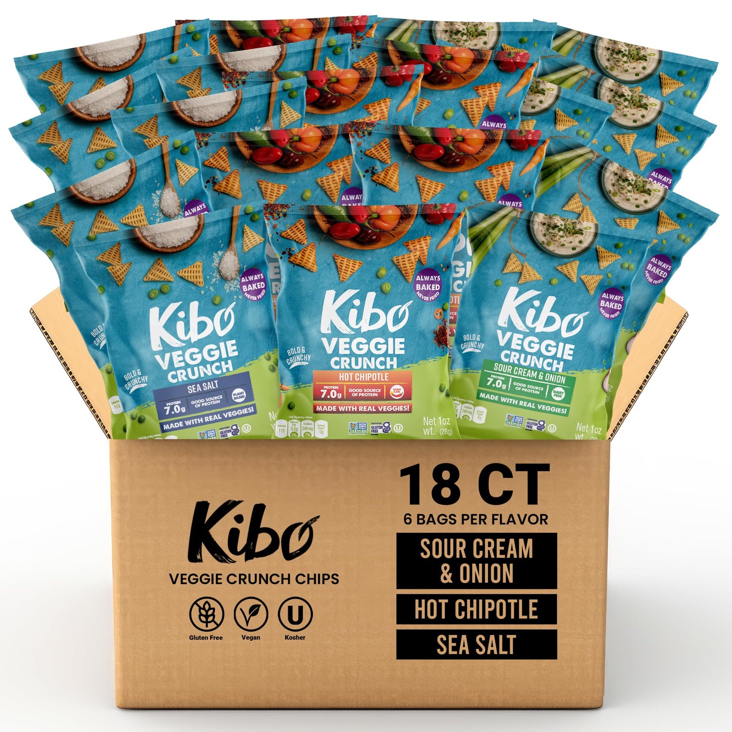Kibo Veggie Chips Super Snack Variety Pack - 7g Plant-Based Protein, Sea Salt, Hot Chipotle & Sour Cream & Onion - Gluten & Dair