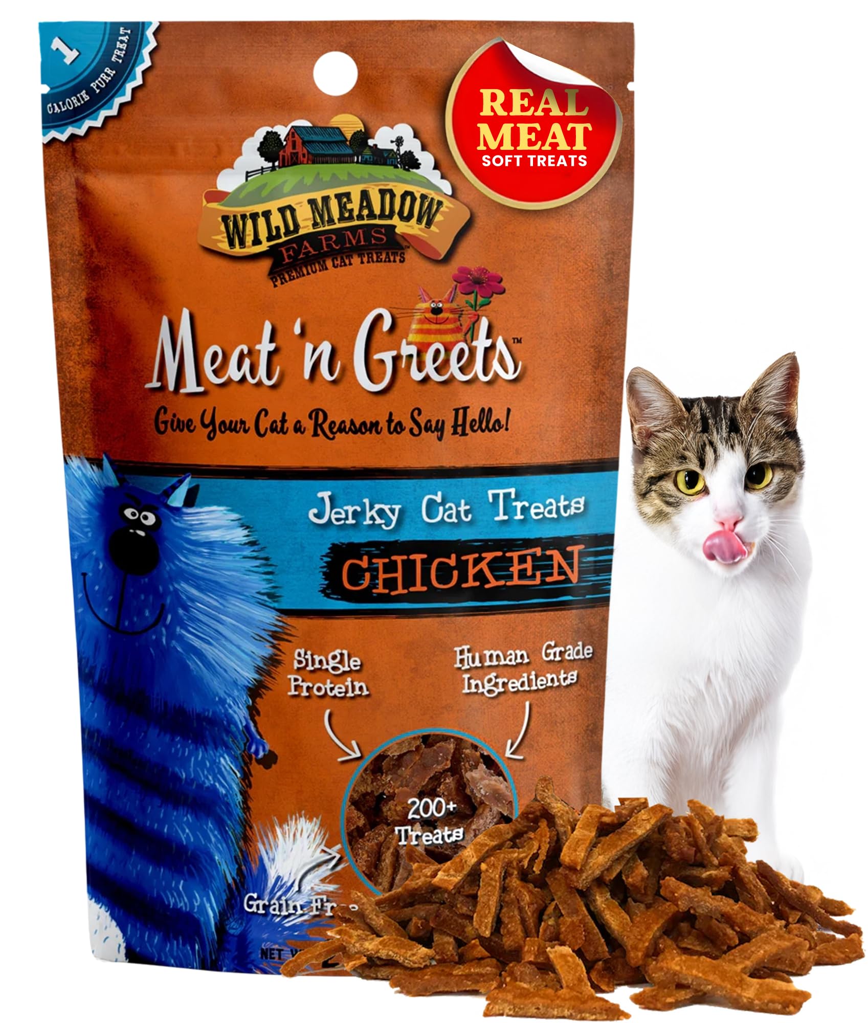 Wild Meadow Farms Cat Treats - Meat N Greets Soft Jerky with Real Chicken, High Protein, Grain-Free, 2 oz