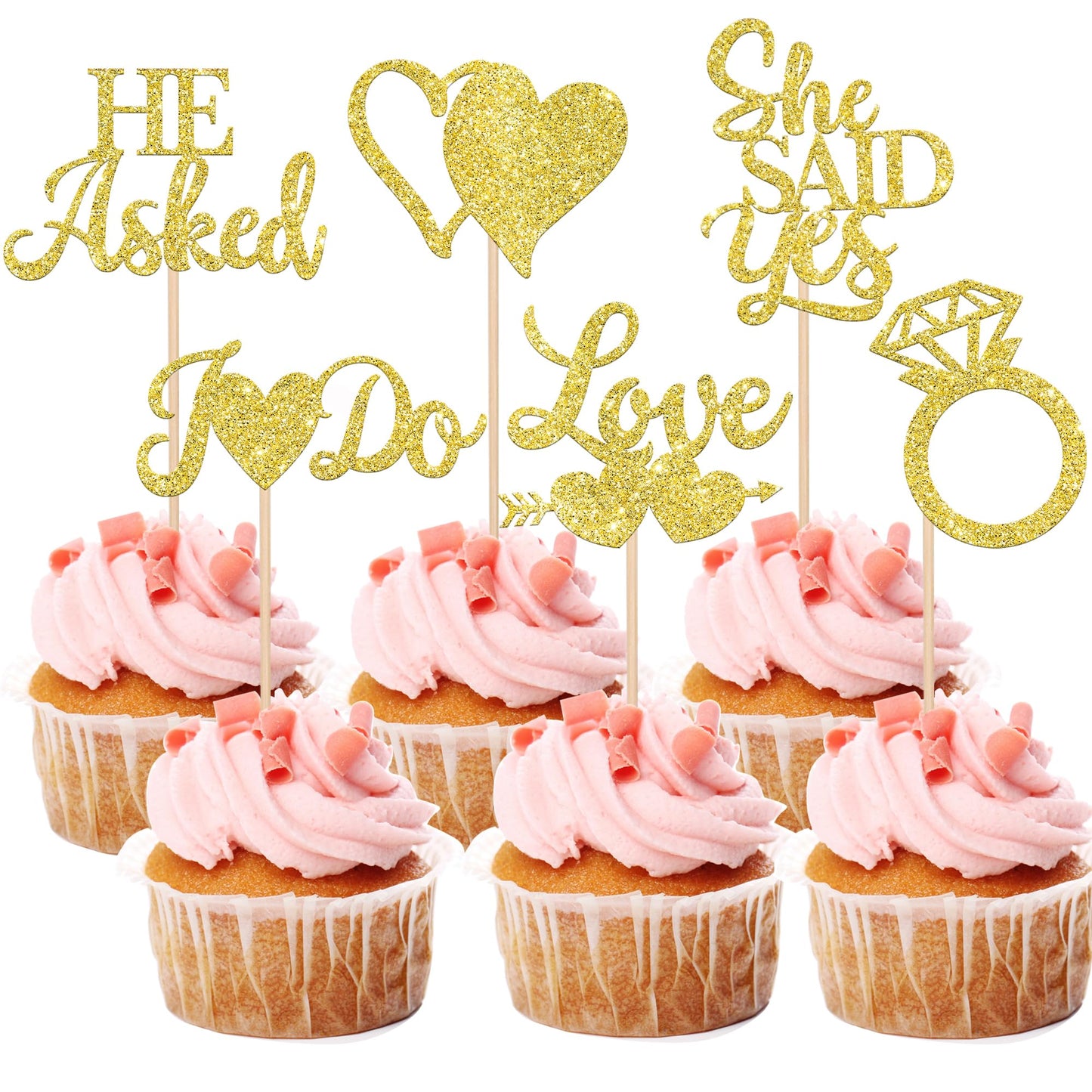 YCTHUNFISH Cupcake Toppers, 36 Pack Gold Glitter Heart and Ring Picks, Bamboo, Small for Wedding Engagement Bridal Shower Decor