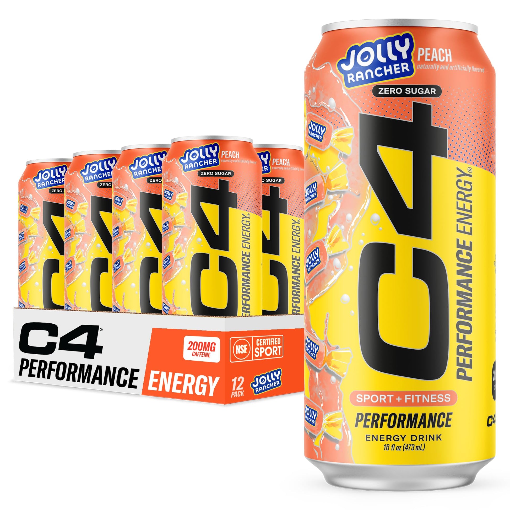 Cellucor C4 Energy Drink JOLLY RANCHER Peach Zero Sugar 200mg Caffeine 16 Fl Oz (Pack of 12)
