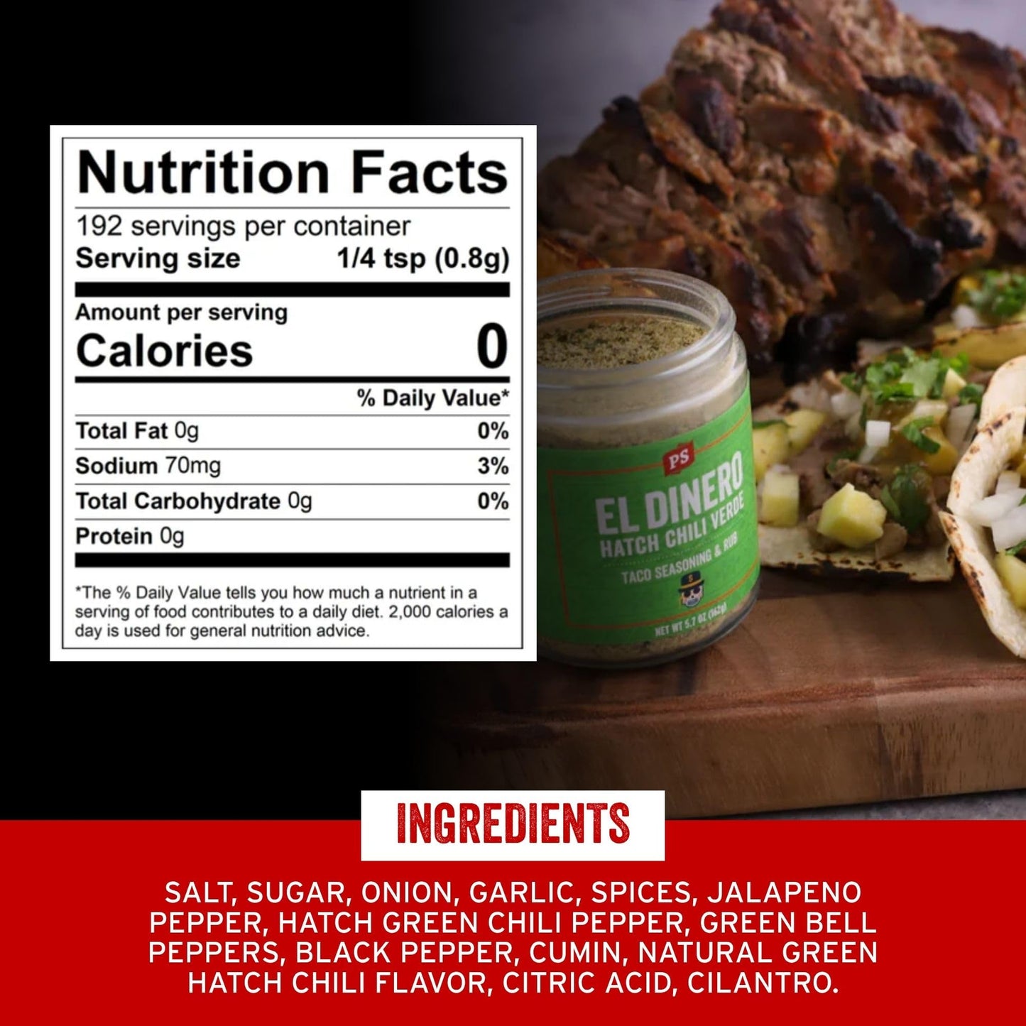 Ps Seasoning El Dinero Taco Seasoning Mix - Hatch Chili Verde And Jalapeno Blend, Dry Bbq Rub For Tacos, Beans, Casserole, Chicken, Pork, Beef - Mexican Seasoning Bbq Rub For Smoky Aroma And Grilling