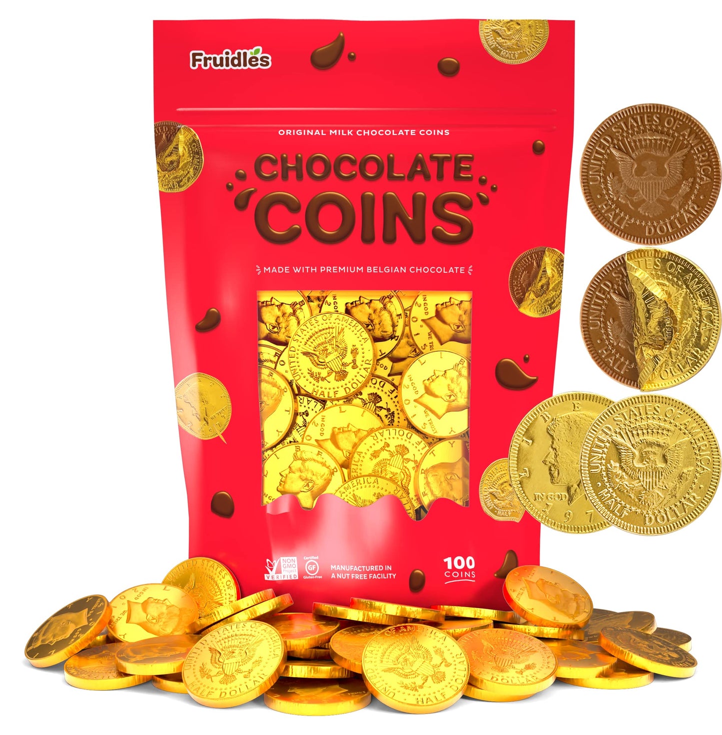 Fruidles Milk Chocolate Coins - Gold Half Dollar, Nut Free, Non-GMO, Kosher Dairy, 100 Count