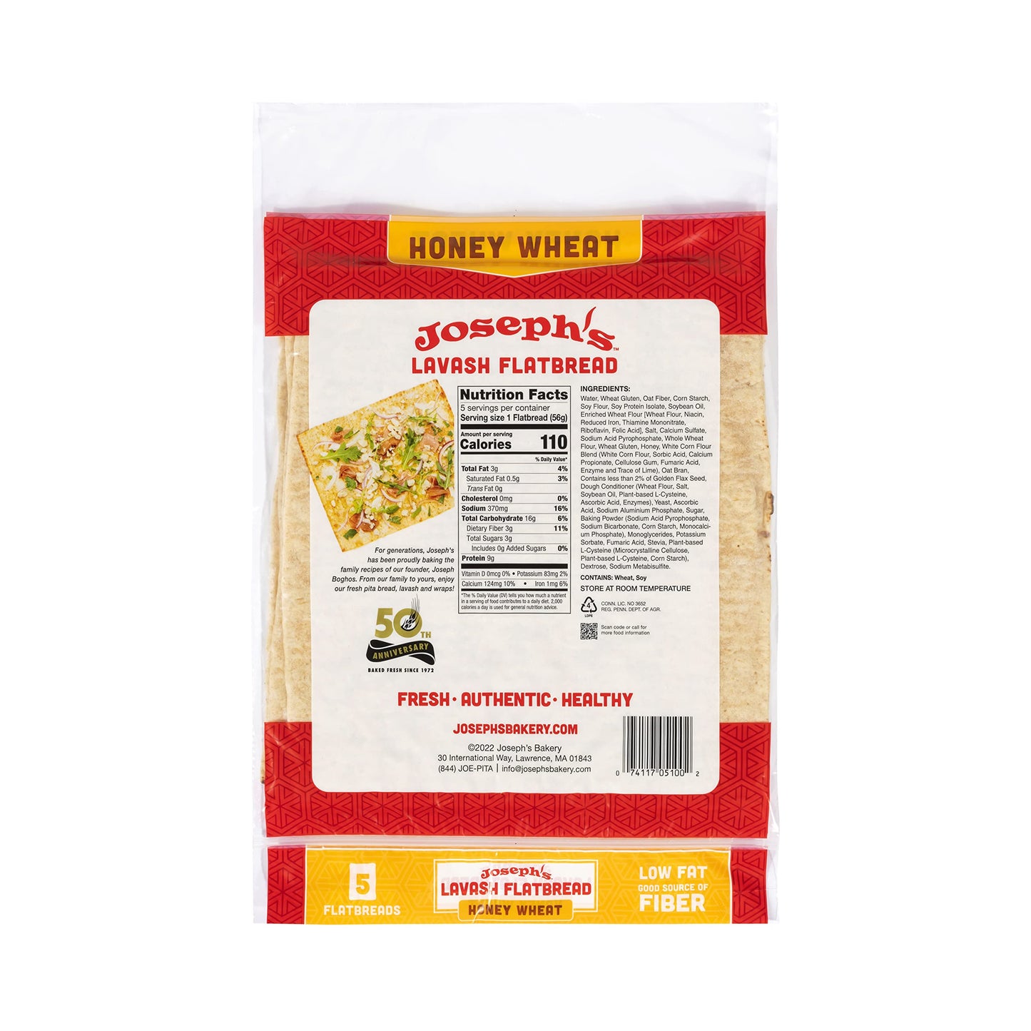 Joseph s Lavash Bread Value 3-Pack, Honey Wheat, Reduced Carb, Low Fat (5 Flatbreads per Pack, 15 Total), Fresh Baked