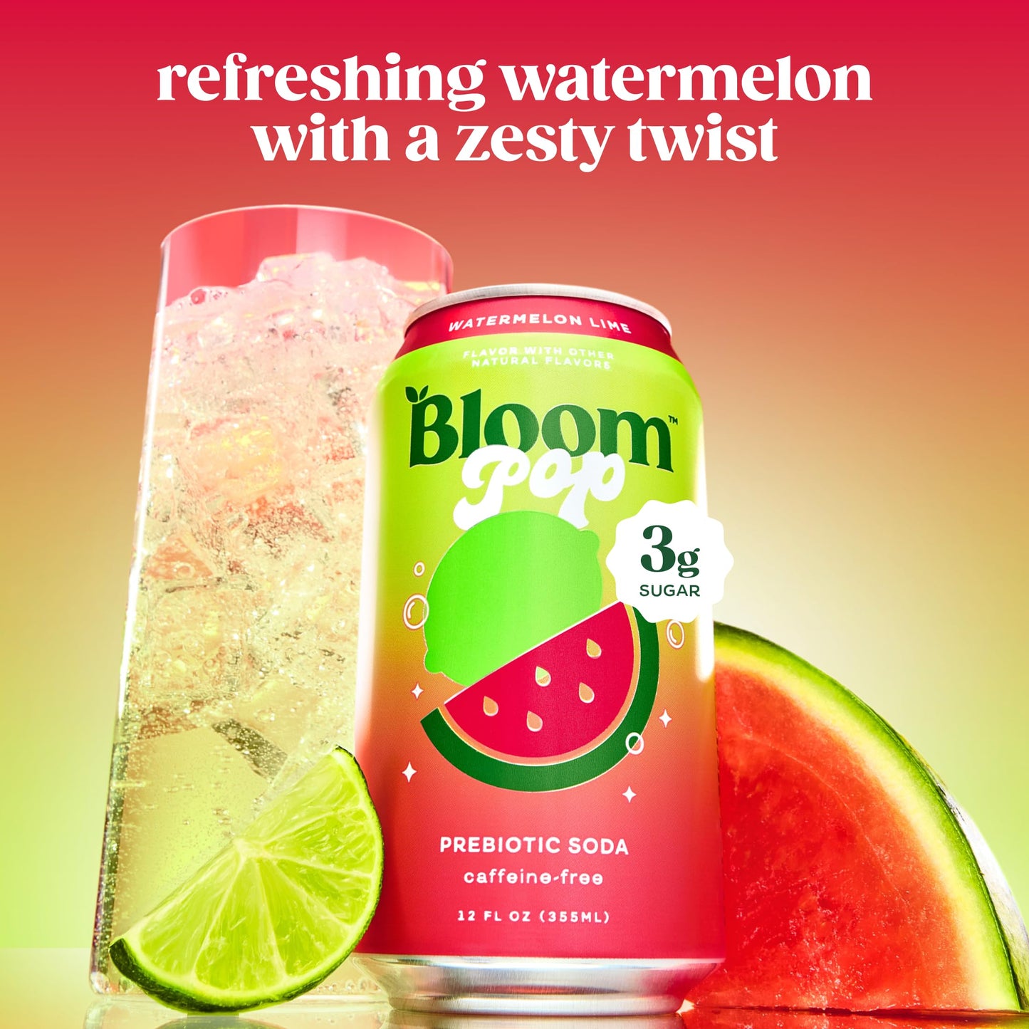 Bloom Pop Prebiotic Soda 12 Pack, Watermelon Lime Flavor, 12Oz Cans | Prebiotic Soda For Gut Health, Low Calorie Soda, No Caffeine, Healthy Soft Drink Alternative