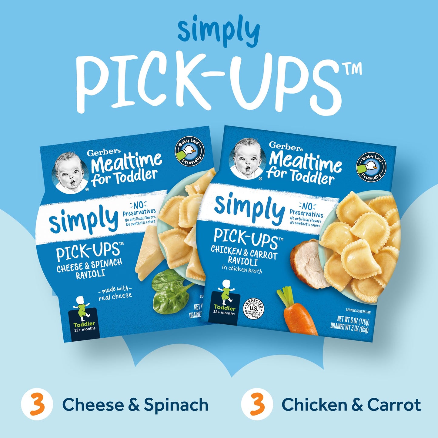 Gerber Mealtime For Toddler, Pick-Ups, Ravioli Multipack, 6 Oz Tray (Pack Of 6), Variety Pack