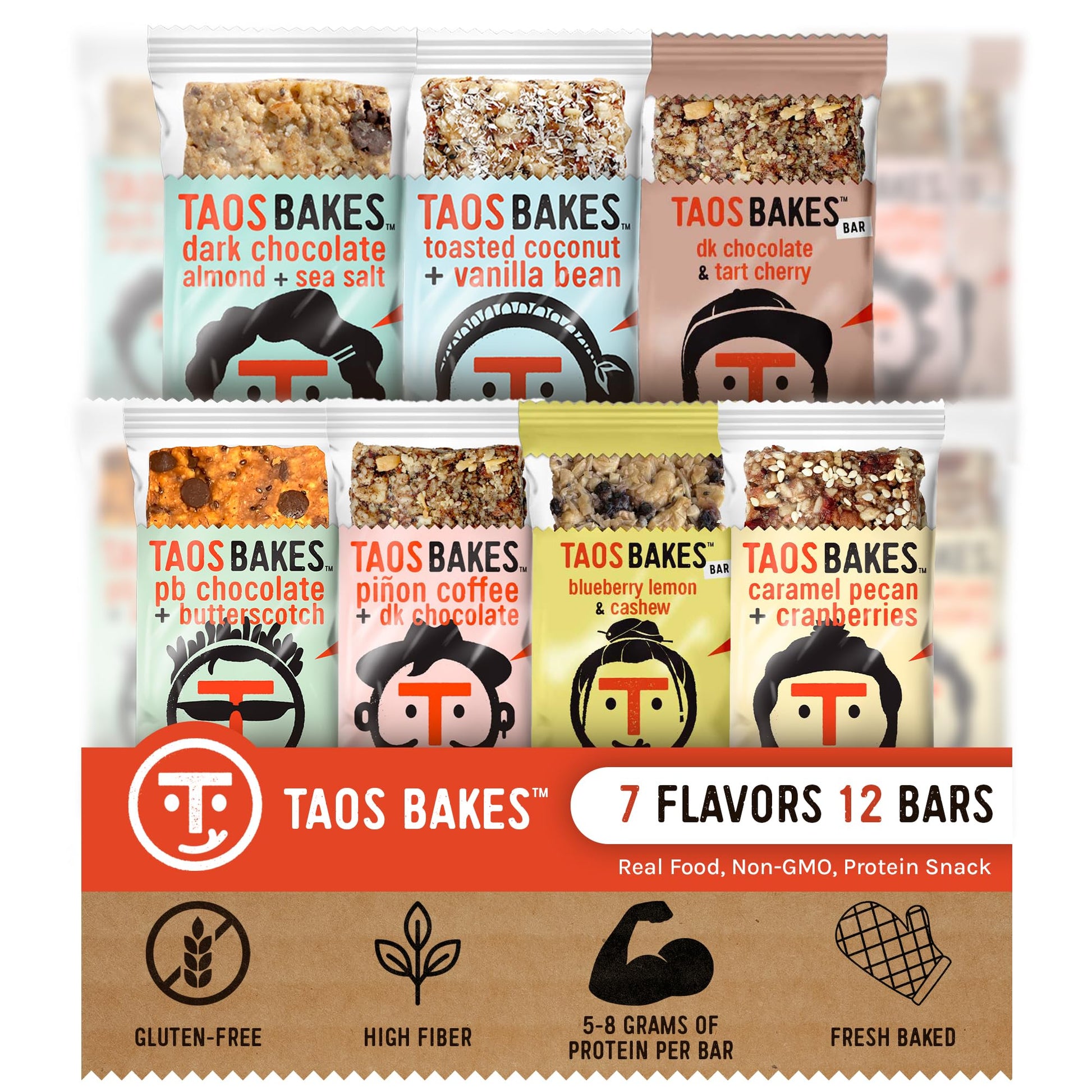 Taos Bakes Breakfast Bars Variety Pack, High Protein & Fiber, Gluten Free, Non-GMO, 12 Pack, 1.8oz Each