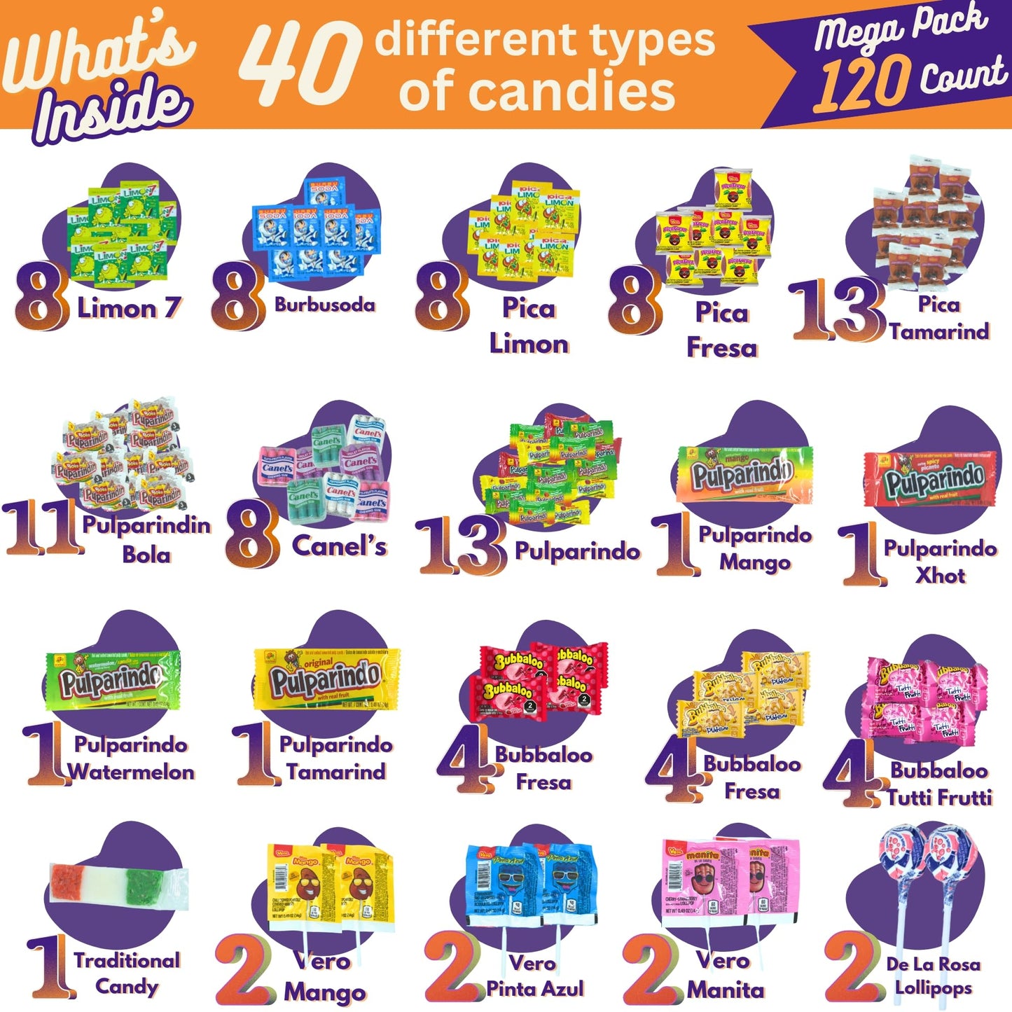 Mexican Candy Variety Pack 120 pieces  Authentic Dulces Mexicanos  Perfect for Piatas  Includes Vero  Lucas  Pulparindo. Spicy  Sweet and Sour Assortment Mix Candy  Fiesta  Birthdays