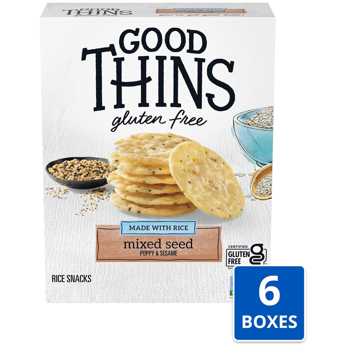 Good Thins Mixed Seed Rice Snacks Gluten Free Crackers, Bulk Snack Crackers, 6-3.5 Oz Boxes