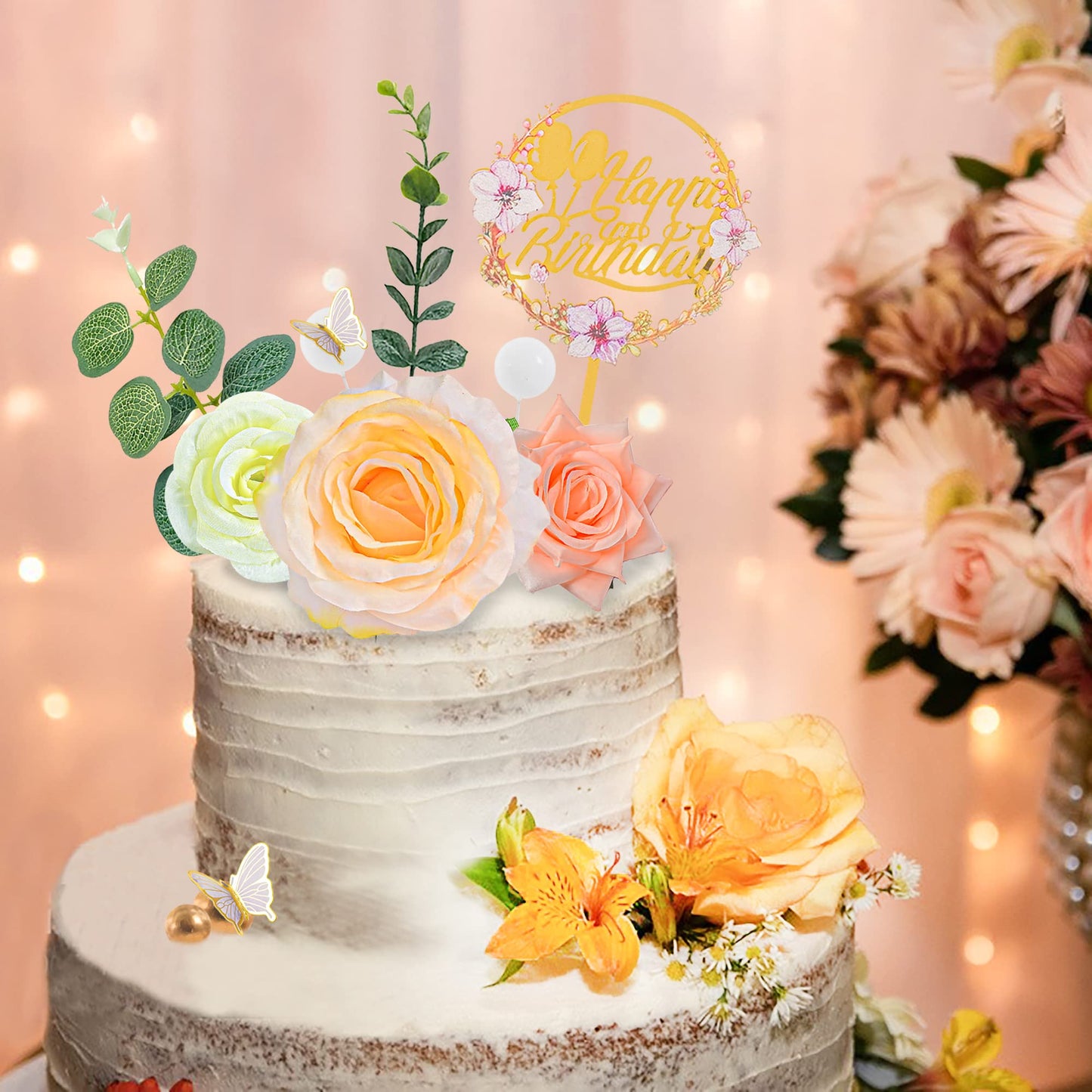 28Pcs Flower Cake Topper 3D Butterfly Acrylic Happy Birthday Cake Toppers Artificial Carnation Rose Flowers Eucalyptus Leaves Ca