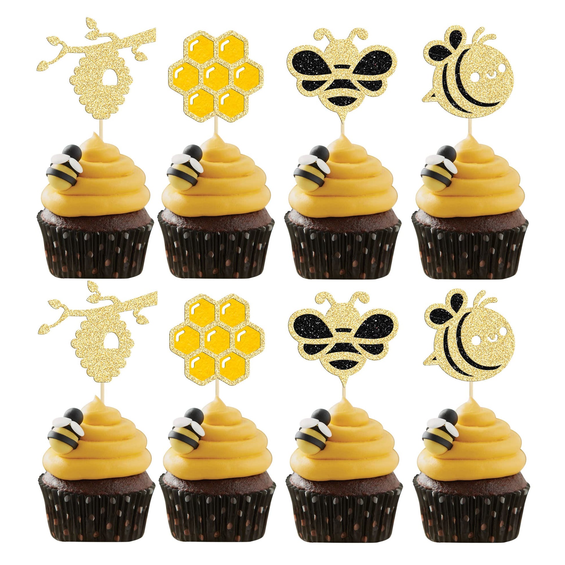 Gyufise 24Pcs Bumble Bee Cupcake Toppers Glitter Heart Honeycomb Bee Cupcake Picks Baby Shower Cake Decorations For Bee Theme Ba