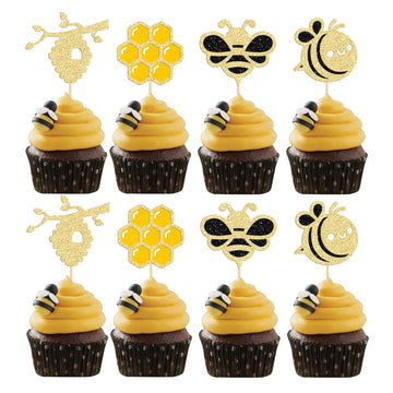 Gyufise 24Pcs Bumble Bee Cupcake Toppers Glitter Heart Honeycomb Bee Cupcake Picks Baby Shower Cake Decorations For Bee Theme Ba