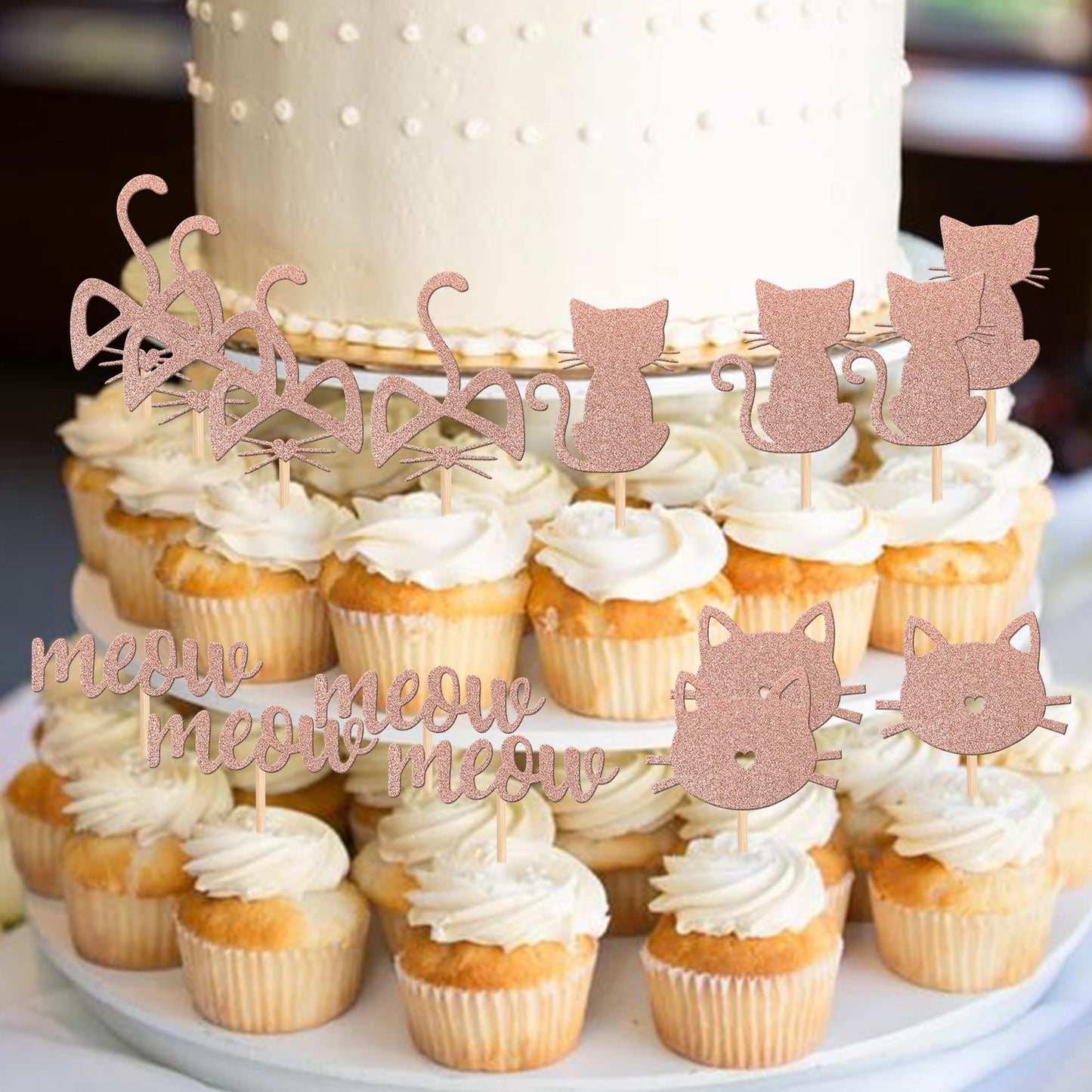 YCTHUNFISH Cat Cake Toppers - 24 Pc Black Glitter Cupcake Decorations - Small - Meow Rose Gold