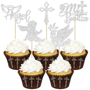Gyufise 30Pcs Mi Bautizo Cupcake Toppers Silver Glitter Cross Angel Dove Cupcake Toppers Angel Religious God Bless Cupcake Picks