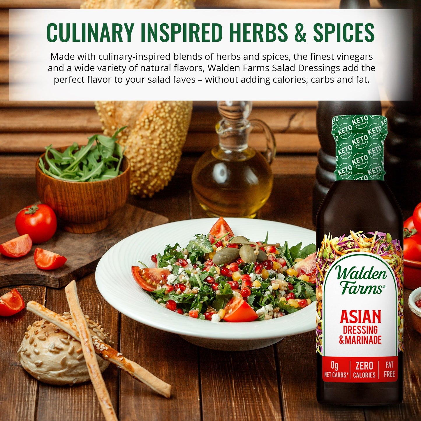 Walden Farms Asian Dressing & Marinade - Calorie-Free, Gluten-Free, Low Carb, Keto-Friendly, Sugar-Free, Zesty Asian Flavor, (12