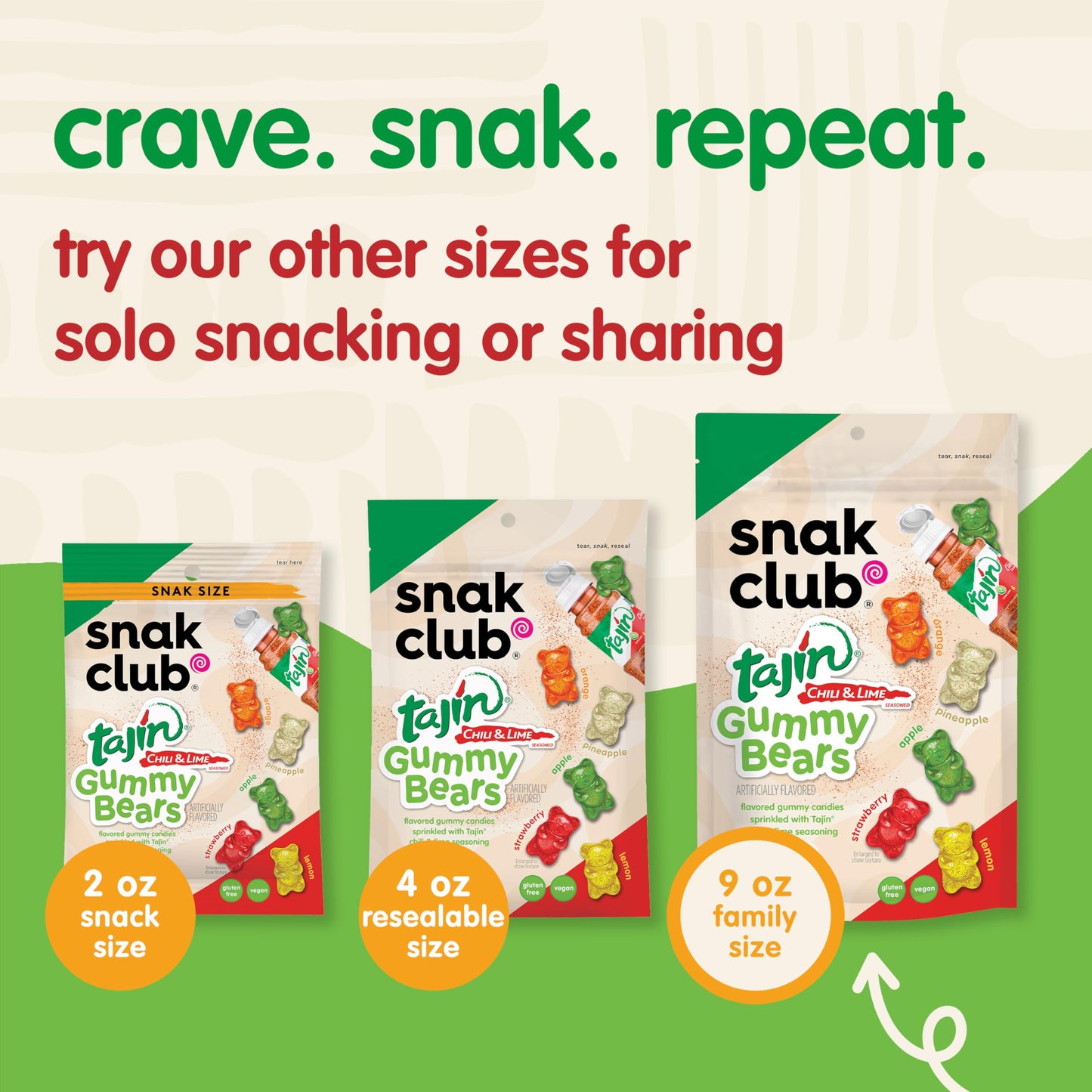Snak Club Tajin Gummy Bears, Assorted Fruit Candy Gummies with Chili and Lime Seasoning, Mild, Gluten-Free and Vegan Snacks, 20