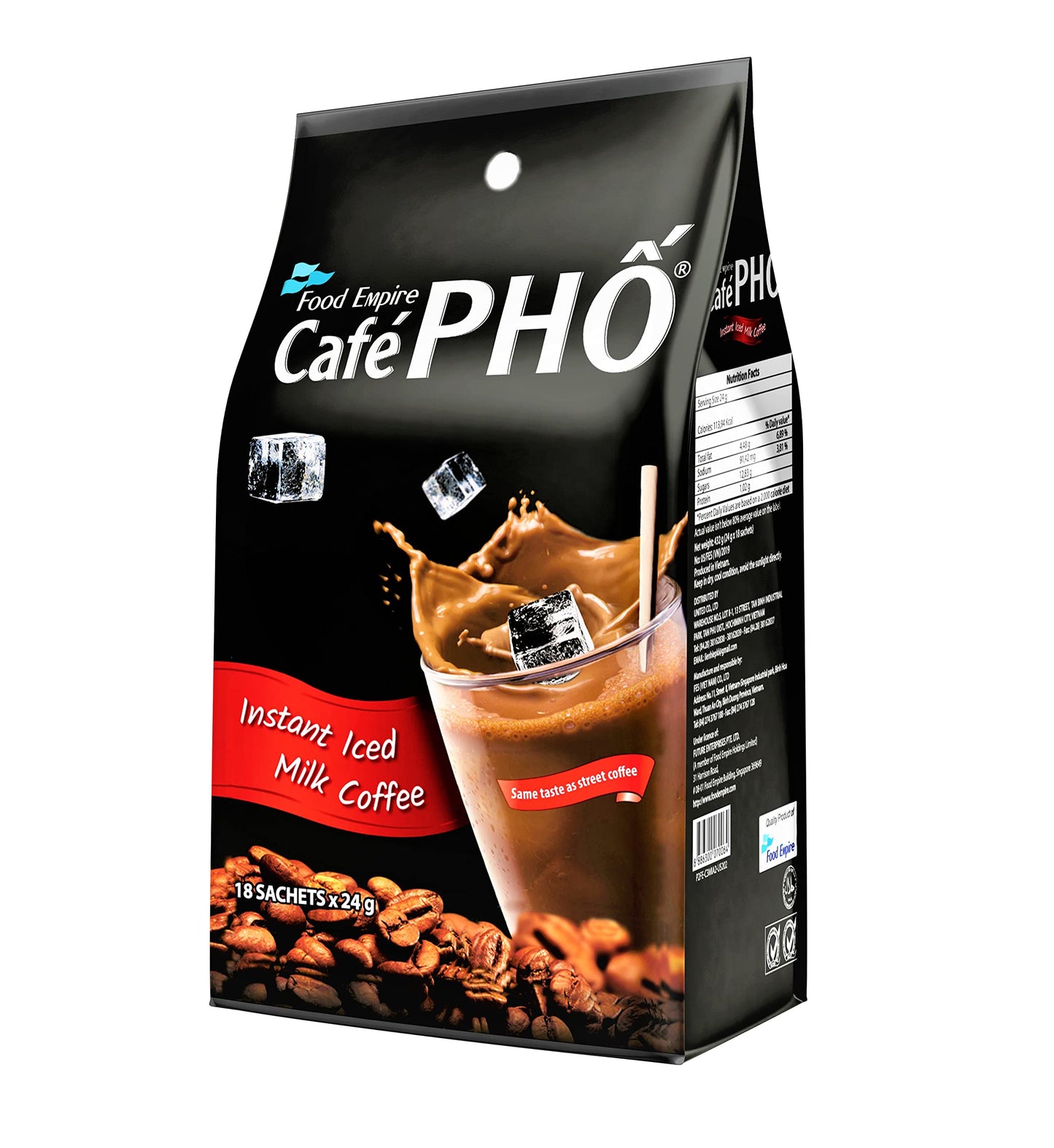 Cafe Pho Vietnamese 3in1 Instant Coffee Mix - Iced Milk Coffee, 18 Sachets, 0.85 Ounce Each, 15 Months Shelf Life