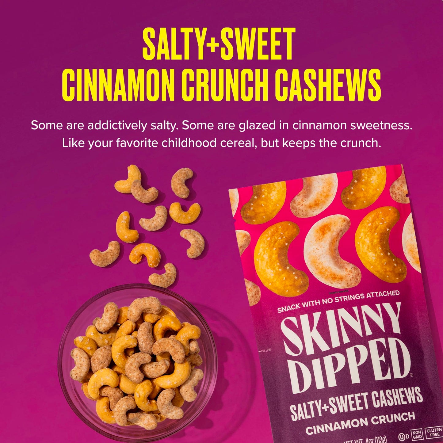 SKINNYDIPPED Salty + Sweet Cinnamon Crunch Cashew, Healthy Snack, Plant Protein, Gluten Free, 4 oz Resealable Bags, Pack of 5