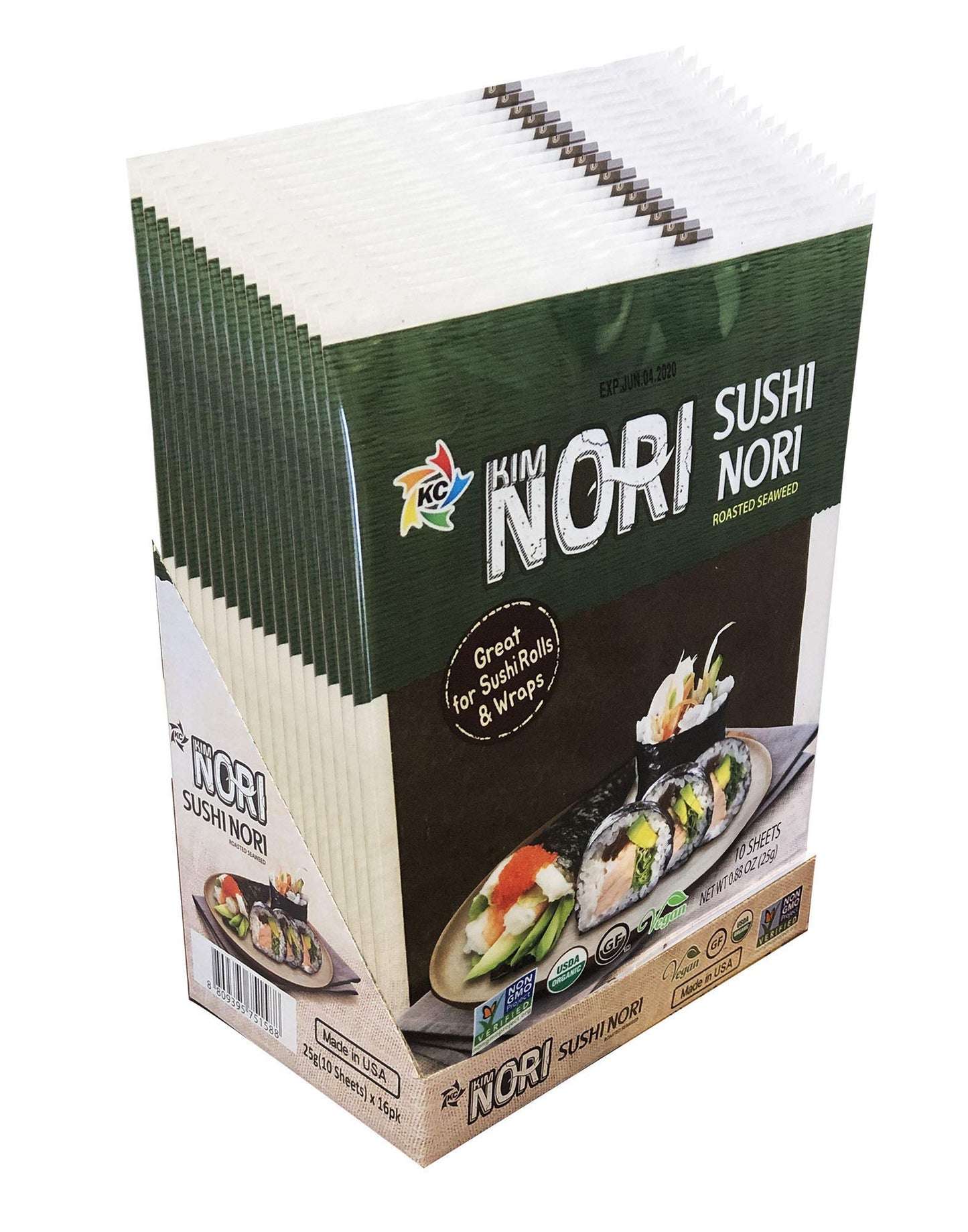KIMNORI Sushi Nori Seaweed Sheets, USDA Organic, Gluten Free, 10 Count (Pack of 16), 100% Natural Laver, Non-GMO, Vegan, Kosher