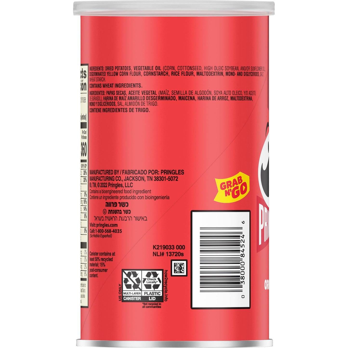 Pringles Potato Crisps Chips, Lunch Snacks, On-the-Go Snacks, Grab N Go, Original, 2.3oz Can (1 Can)