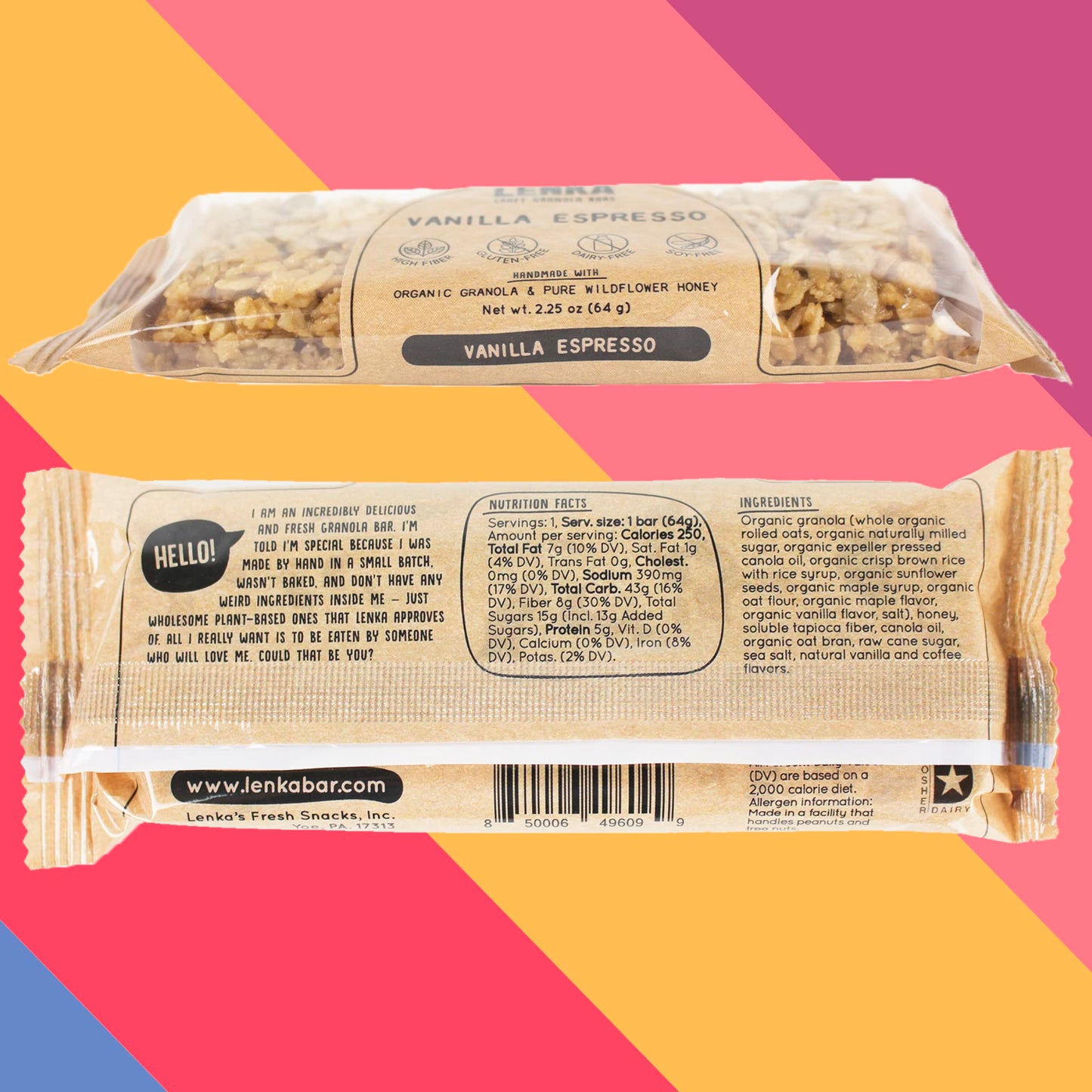 Lenka Handmade Craft Granola Bars - Vanilla Espresso Gluten Free High Fiber - Nutritious & Delicious Snack Bar - 12 Pack