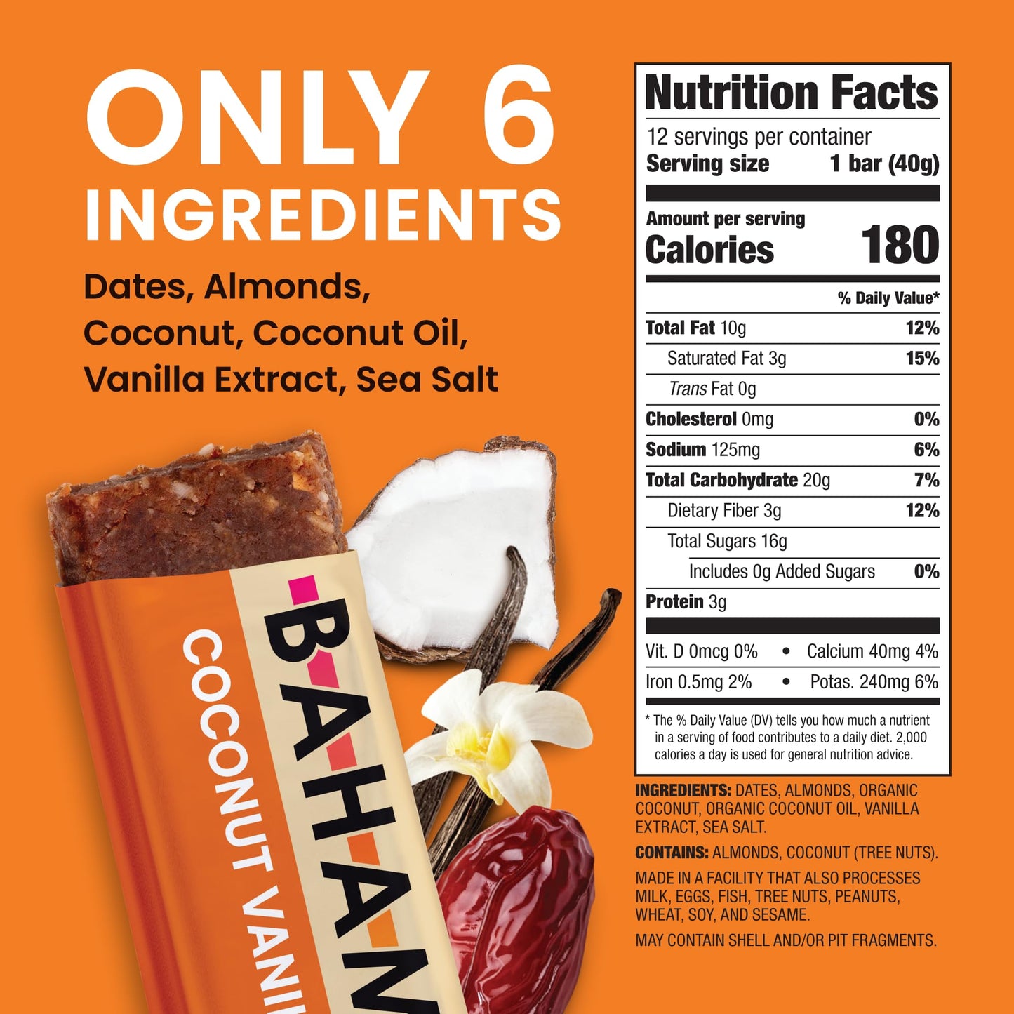 Bahamii Snack Bars, Dates & Nuts, Gluten Free, Vegan, 12 Pack, No Added Sugar, Good Source of Fiber, Coconut Vanilla