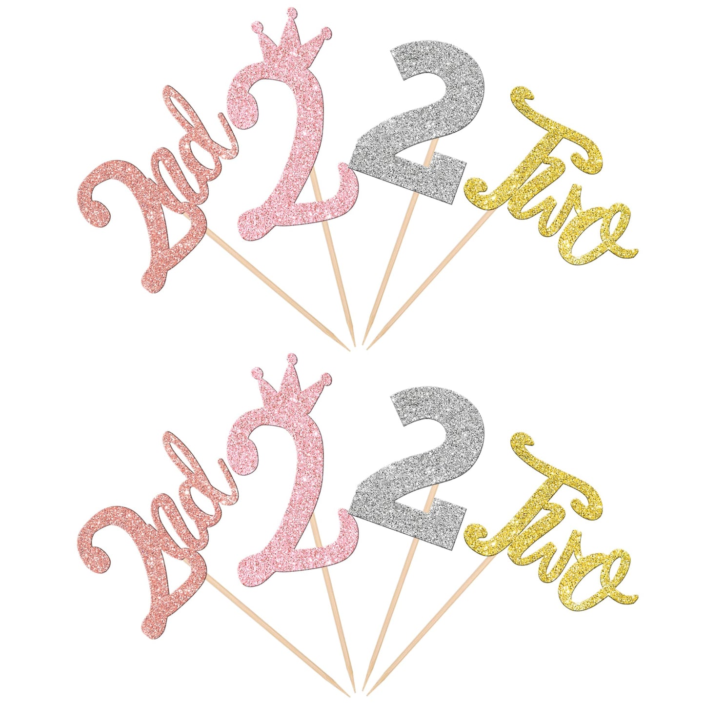 24 Pcs Two Cupcake Toppers Glitter Crown Two 2Nd Birthday Cupcake Picks Number 2 Two Cake Picks For Baby Shower Kids Second Birt