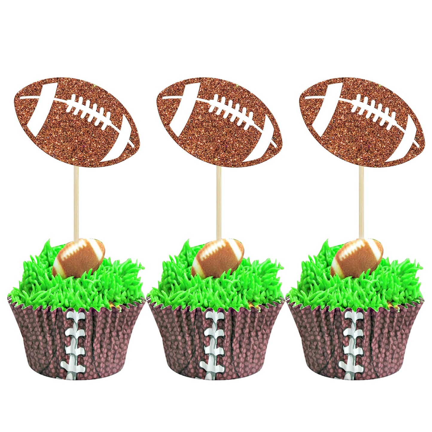 Ephlyn Rugby Football Cupcake Toppers, 24 Pcs, Brown, Paper, 2 x 4.3 inches, Sports Ball Theme Cake Decoration for Parties