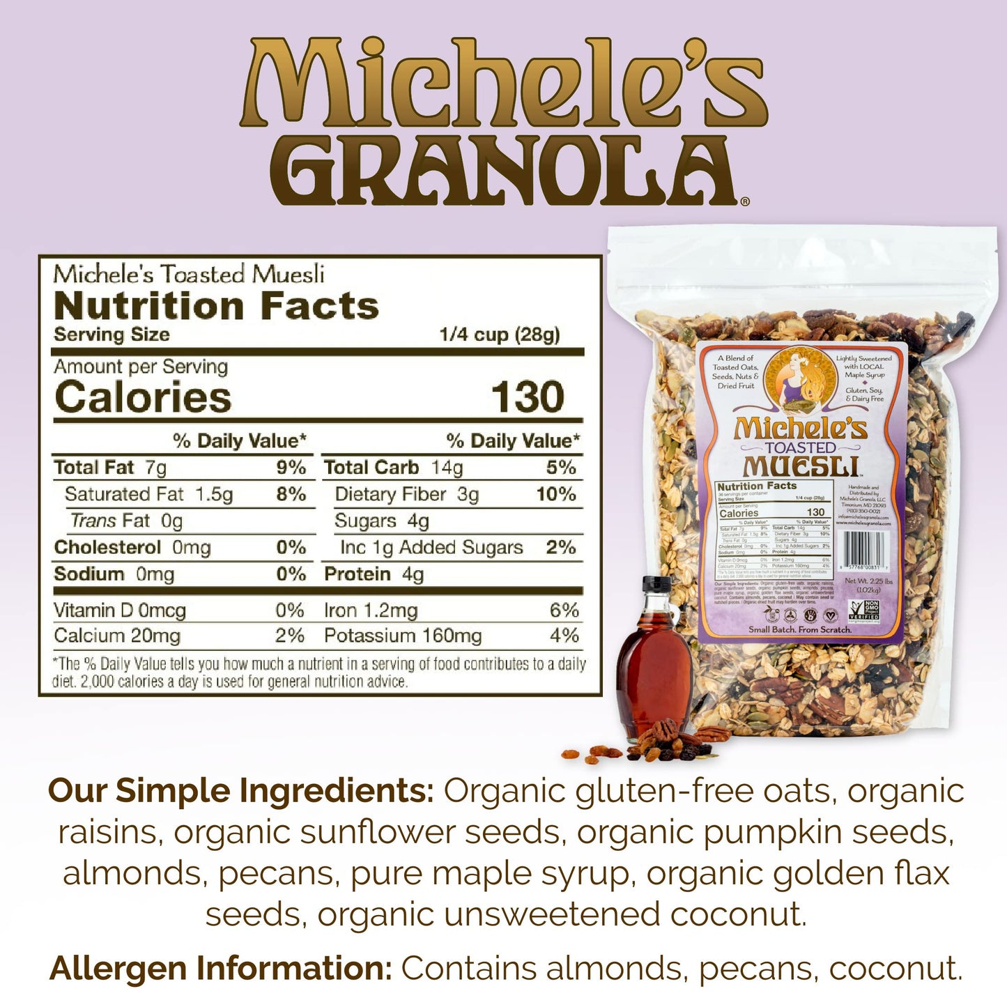 Micheles Granola Muesli, Toasted Muesli, Gluten Free, No Refined Sugar & Non-GMO, 2.25 LB Bulk Bag