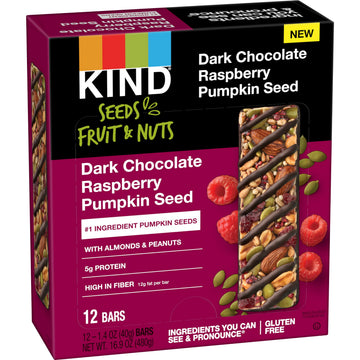KIND Dark Chocolate Raspberry Snack Bar, 5g Protein, High Fiber, Gluten Free, 1.4 OZ, Pack of 12