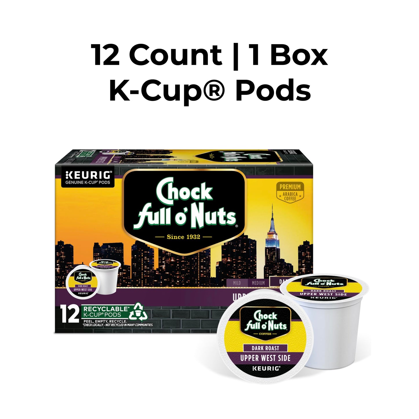Chock Full o Nuts Dark Roast Coffee, Keurig K-Cup Pods, 12 Count