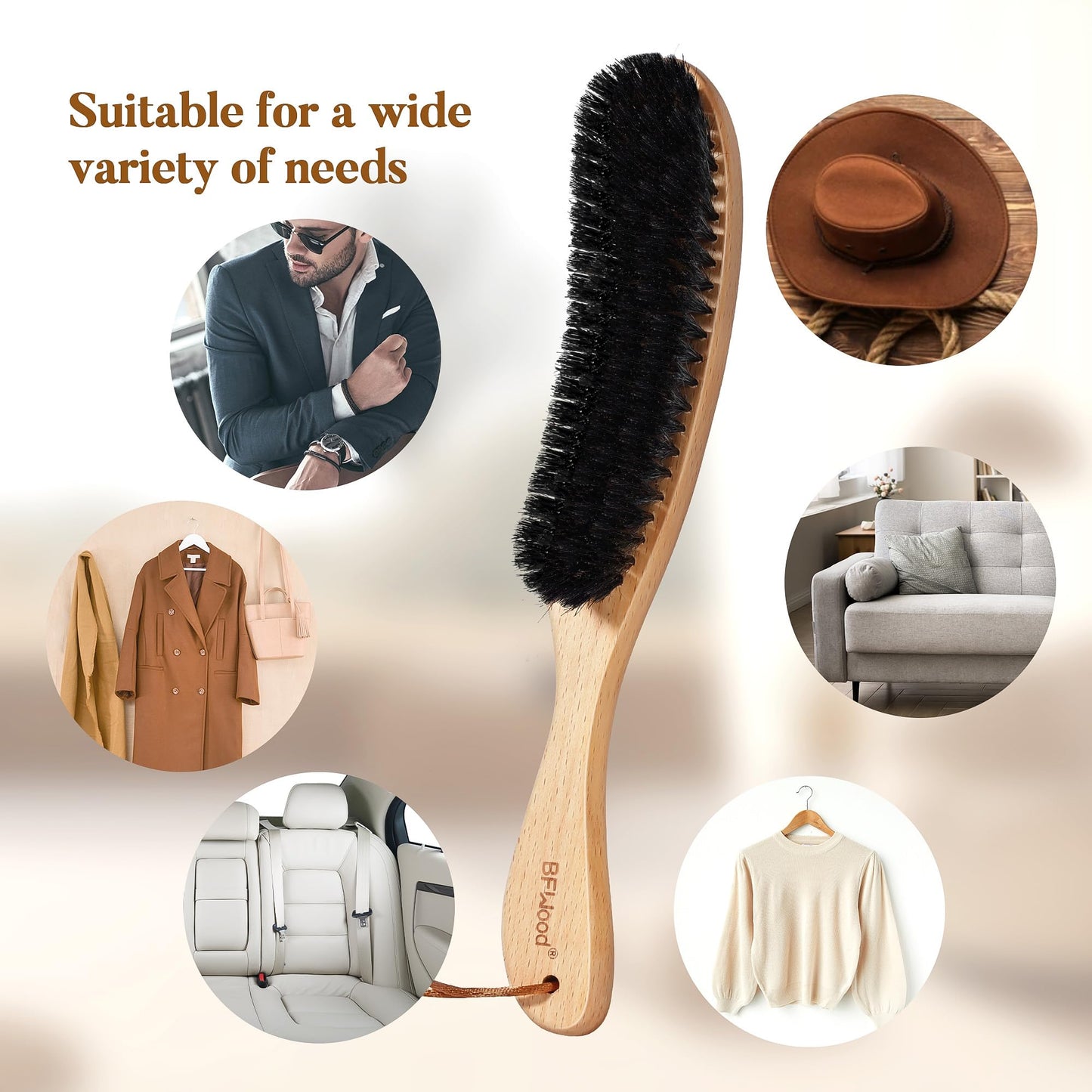 Bfwood Clothes Brush - Boar Bristle Lint Brush For Suits, Cashmere, Wool, Velvet, Suede And Pet Hair - Large Beech Handle