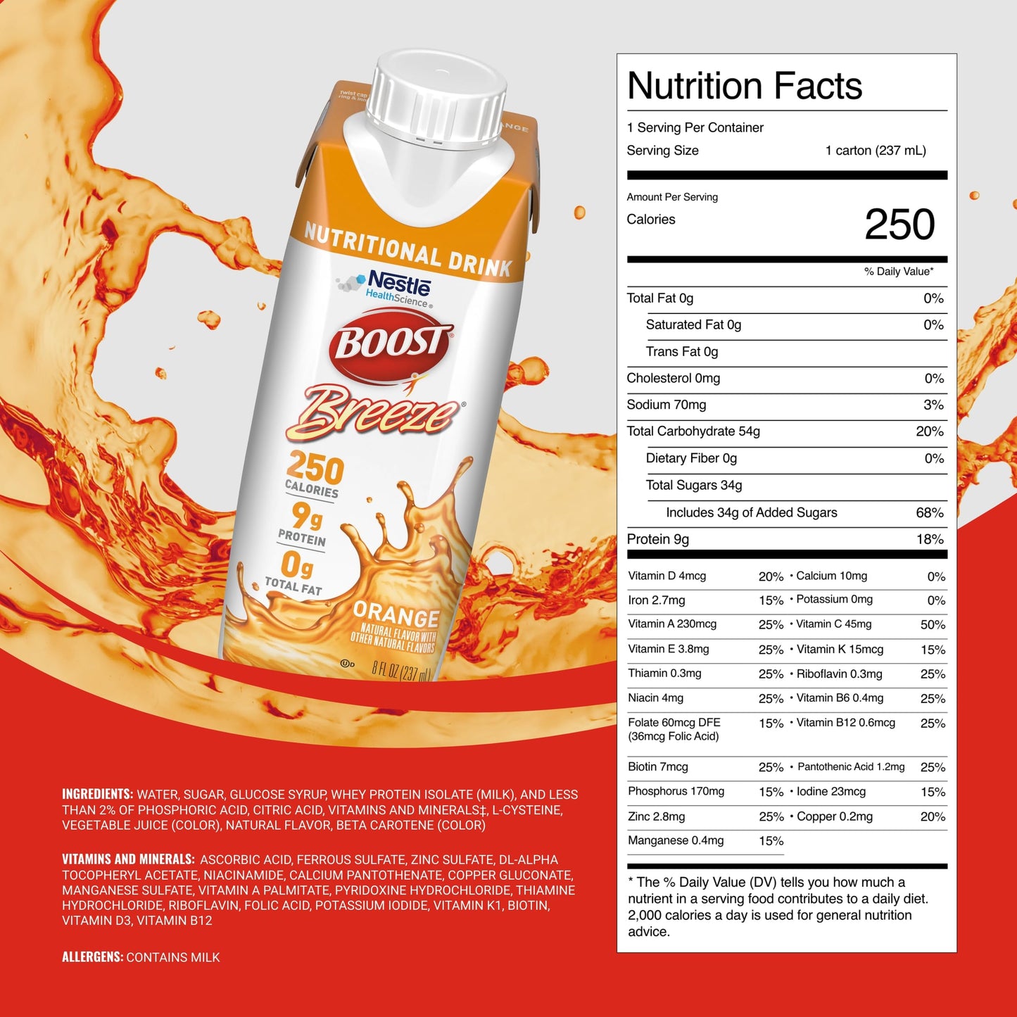 BOOST Boost Breeze Nutritional Drink, 8 Fl Oz (Pack of 24), Orange, Model 00043900128016