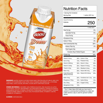 BOOST Boost Breeze Nutritional Drink, 8 Fl Oz (Pack of 24), Orange, Model 00043900128016