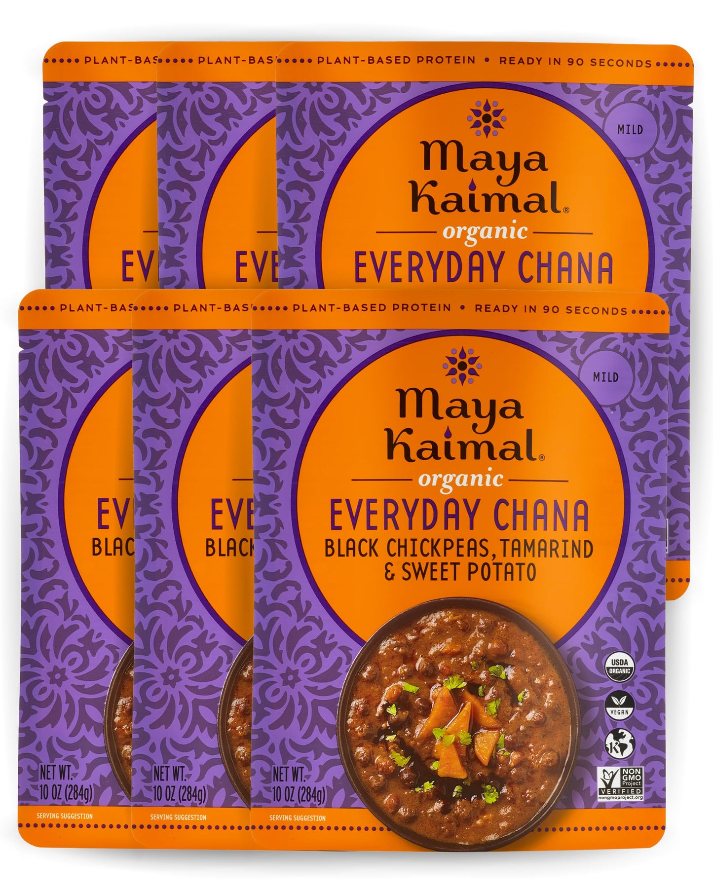 Maya Kaimal Foods Organic Indian Everyday Chana, 10 Oz (Pack Of 6), Fully Cooked Black Chickpeas with Tamarind & Sweet Potato. V