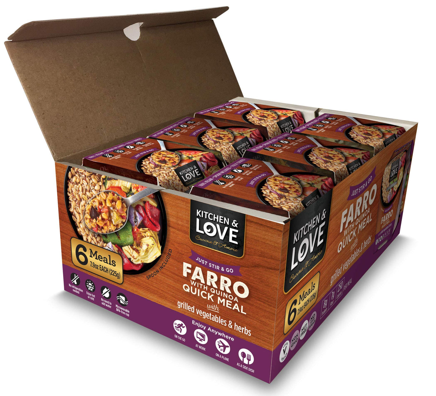 Kitchen & Love Cooked Farro, Grilled Eggplant, Zucchini, Artichokes & Herbs, Ready To Eat, Shelf Stable, Non Gmo, Dairy Free, Plant Based, Kosher, Vegan, Vegetarian, 7.9 Oz (6-Pack)