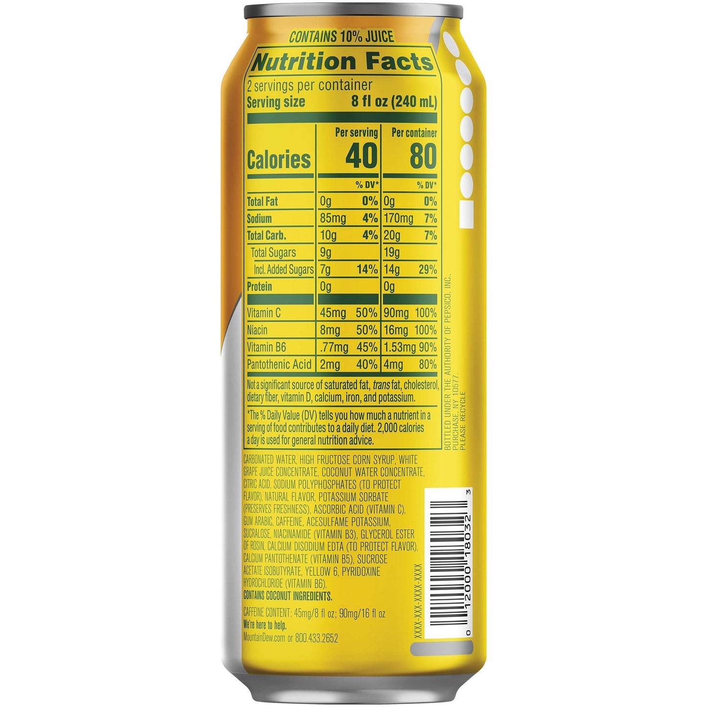 Mountain Dew Kickstart Pineapple Orange Mango, 90mg Caffeine, 80 Calories, 16 Fl Oz, Pack of 12, Orange/Red