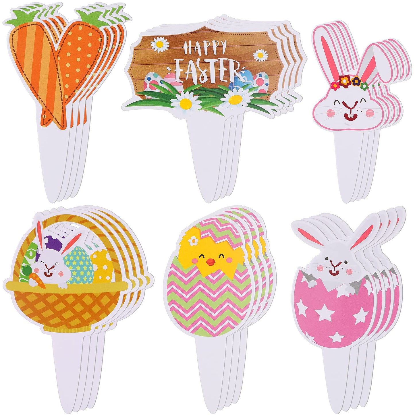 24 Pcs Easter Bunny Cupcake Toppers Easter Cake Decorations Rabbit Carrot Egg Cake Toppers Food Picks for Kids Birthday Party Su