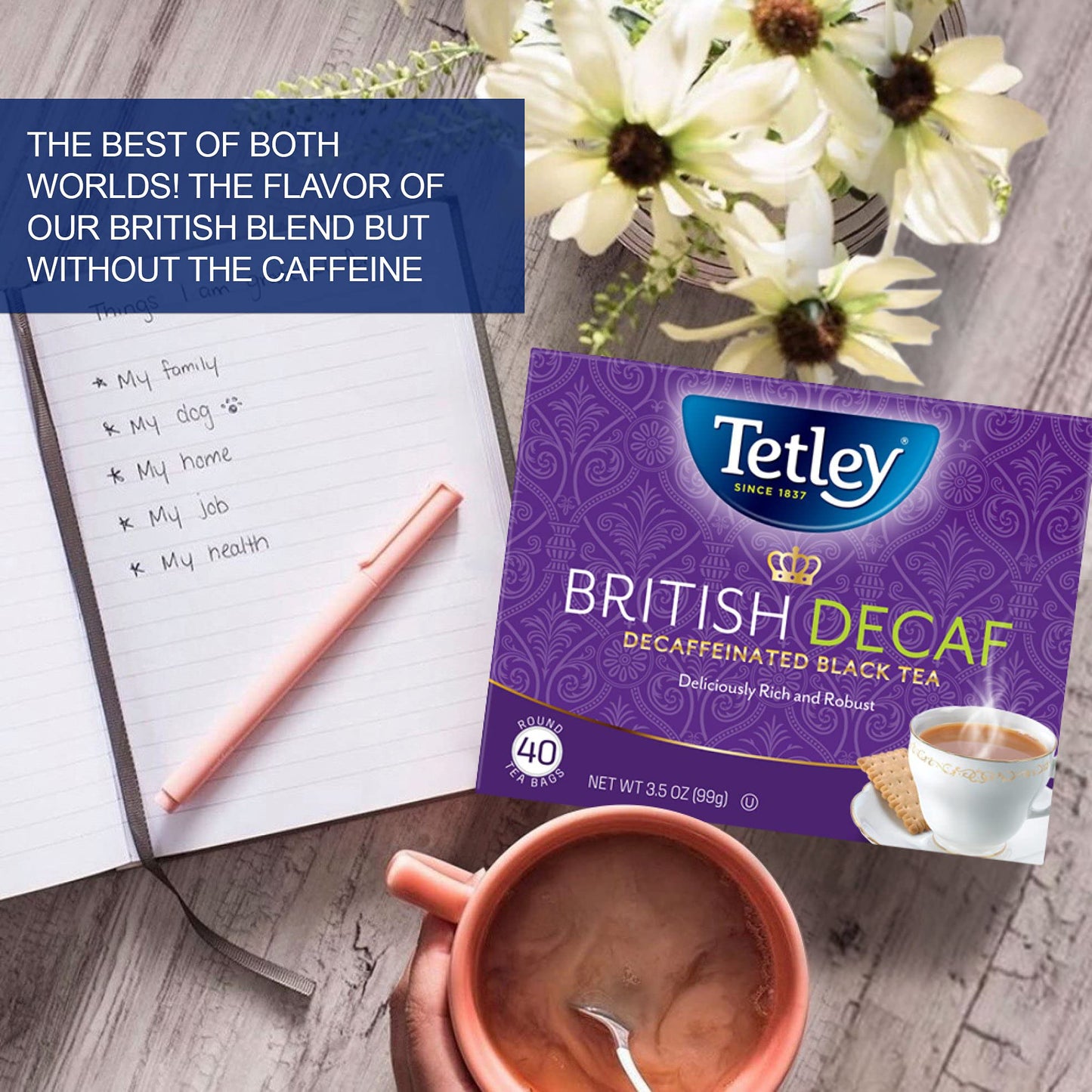Tetley British Blend Premium Decaf Black Tea, Decaffeinated Tea, 40 Tea Bags (Pack Of 6), Rainforest Alliance Certified