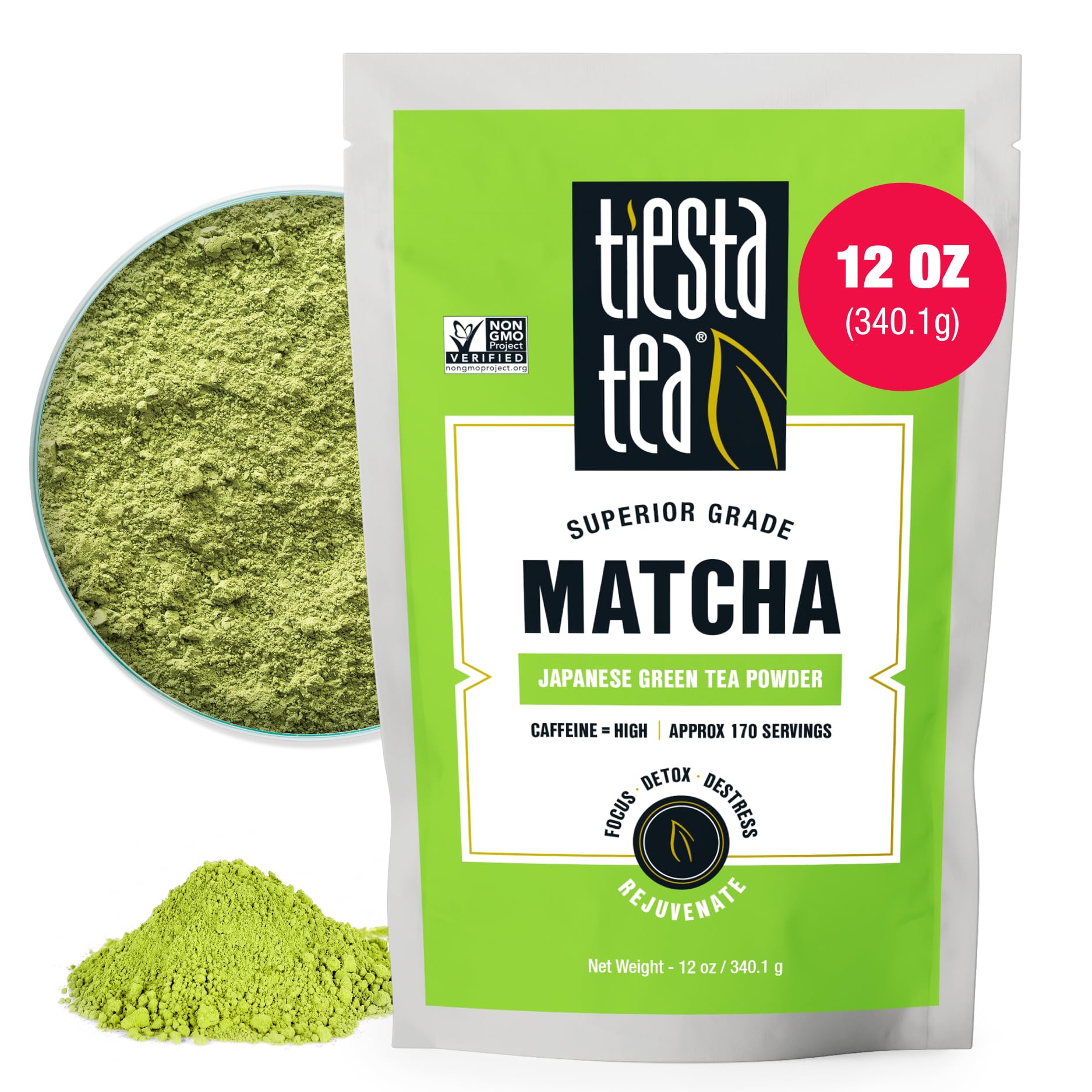 Tiesta Tea Superior Green Tea Powder - Japanese Matcha Tea Powder  High Caffeine  L-Theanine  Antioxidants  Detox  Boost Metabolism  Energy Booster  Hot & Iced - 170 Cups - 12oz Bag