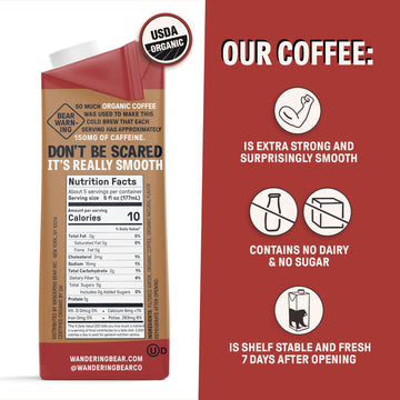 Wandering Bear Organic Mocha Cold Brew Coffee, 32 Fl Oz, 3 Pack - Extra Strong, Bold, Smooth, Unsweetened, Shelf-Stable, Ready T
