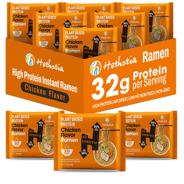 Hethstia High Protein Ramen Soup Chicken Flavor  6-Pack Instant Ramen Noodles Chicken Broth  32g Plant-Based Protein  Vegan  Non-GMO  Low Fat  Egg-Free  Dairy-Free  Pre-Packaged Quick Meal
