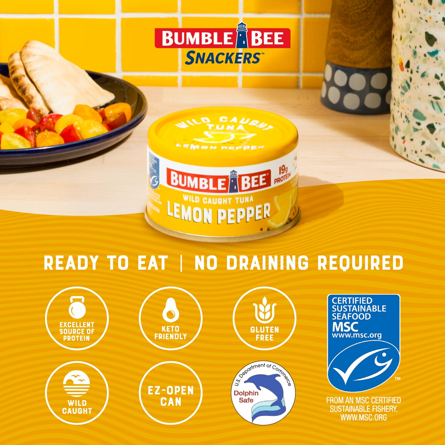 Bumble Bee Snackers - Lemon Pepper Tuna, 3 oz Easy Open Can - 19g Protein per Serving - Wild Caught Skipjack Chunk Light Tuna Pa