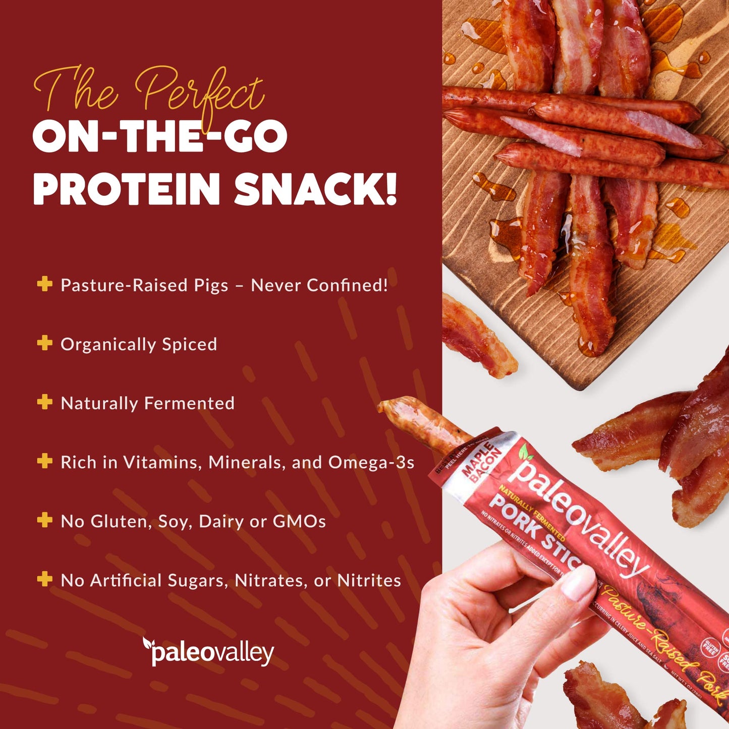 Paleovalley Pasture-Raised Pork Sticks - Maple Bacon Flavor Meat Sticks Individually Wrapped, 28G - 10 Sticks - Gluten-Free Prot