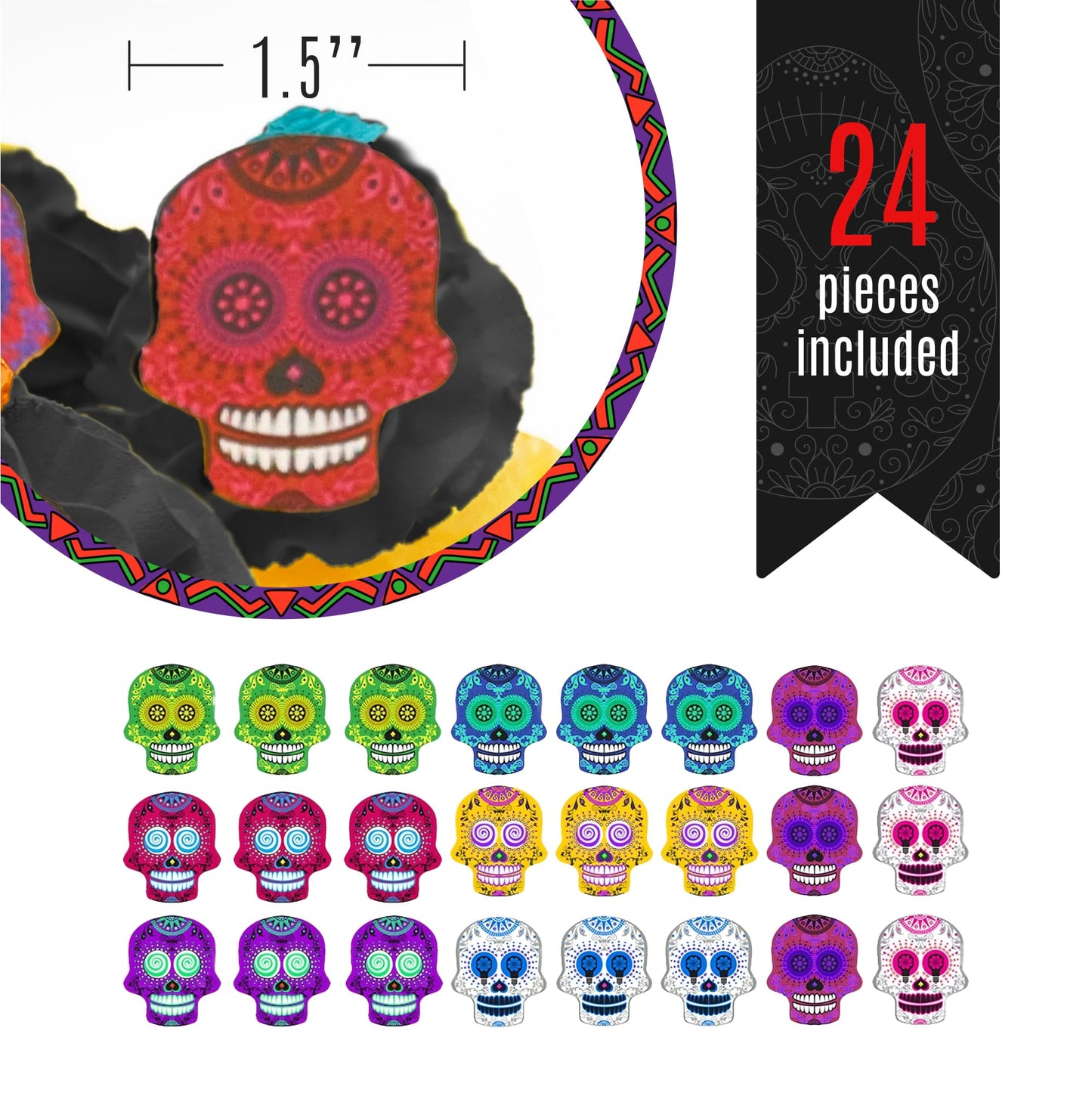 Sugar Robot Inc. Edible Halloween Cake Toppers - Sugar Skulls Set of 24 - 2.5 inches - Small Skulls - Paper