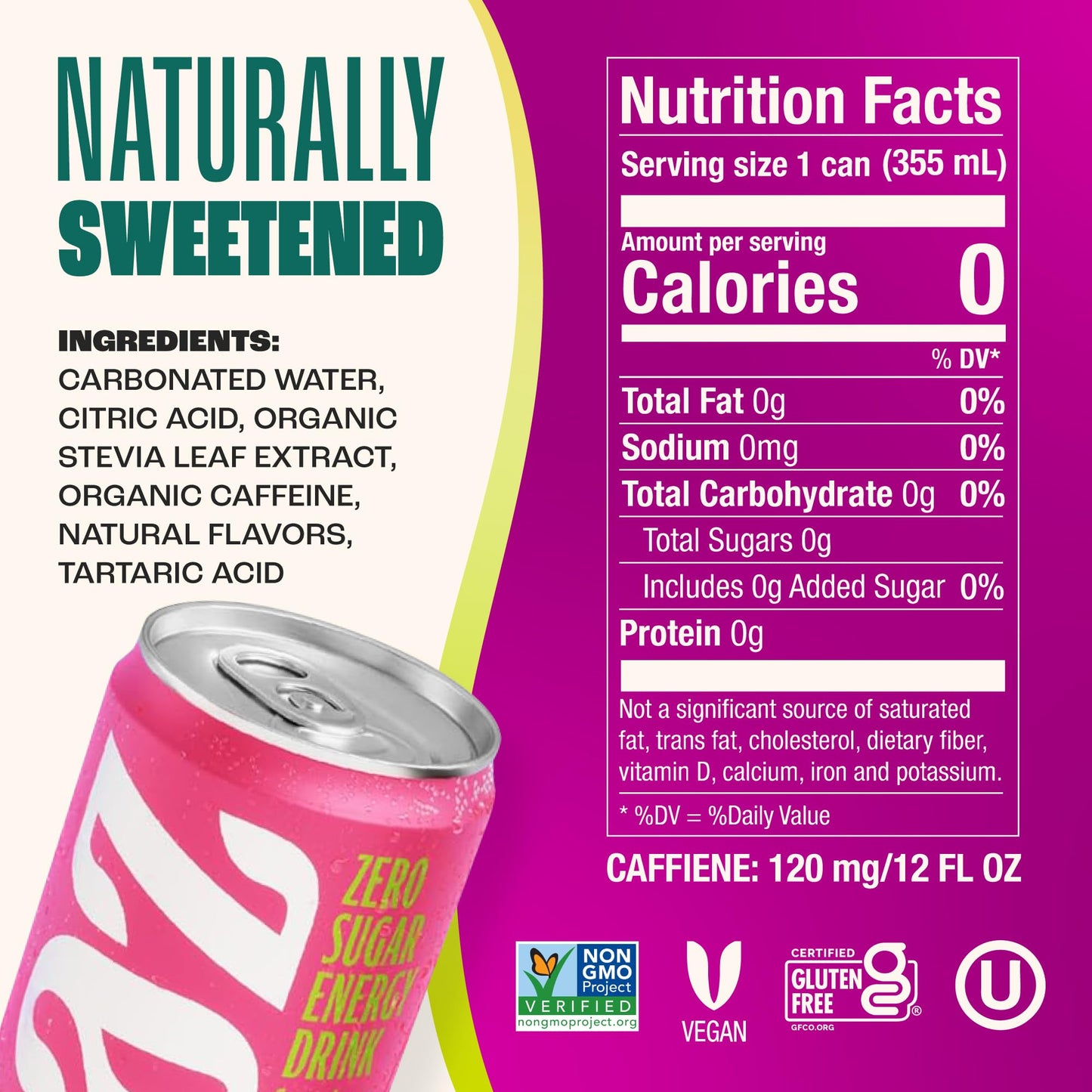 Zevia Zero Sugar Energy Drink Variety Pack, 12 oz Cans, Non-GMO, Gluten-Free, Vegan, 12-Pack
