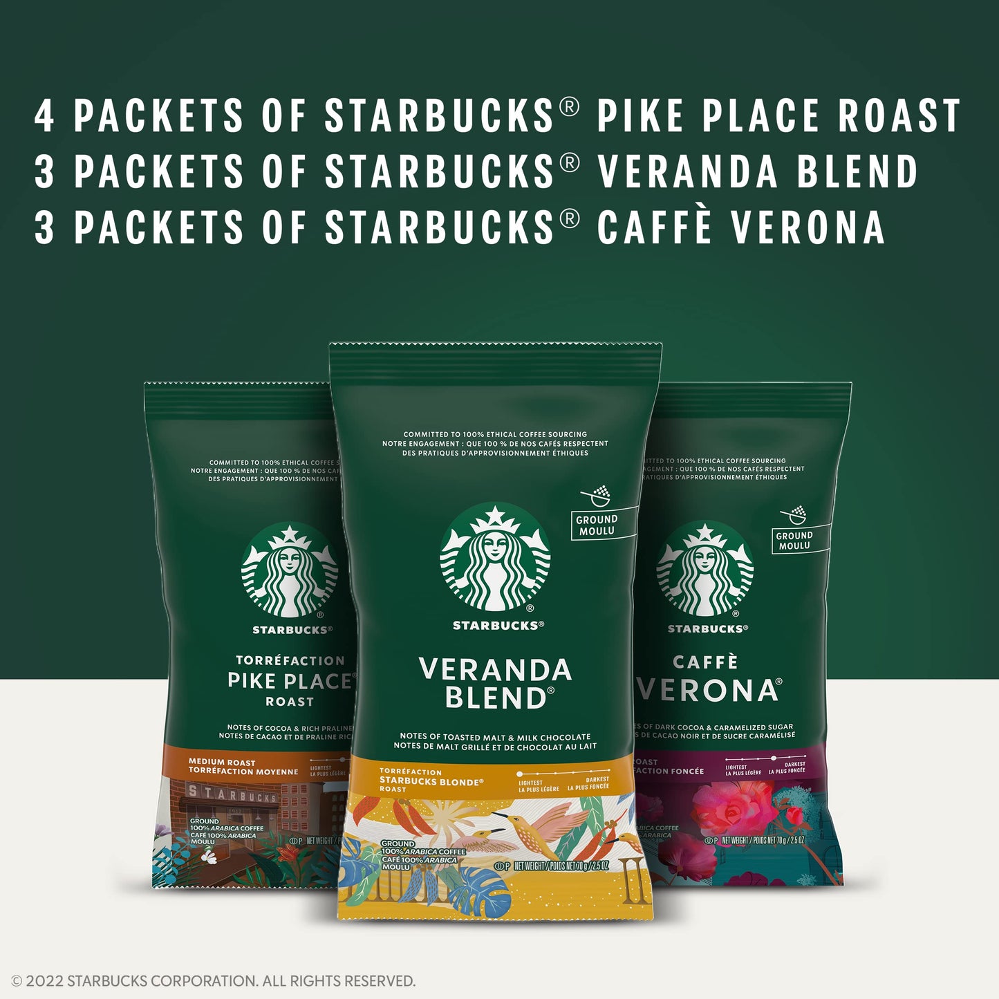 Starbucks Ground Coffee Variety Pack, Dark & Medium, 10 Packets (2.5 oz each), 100% Arabica